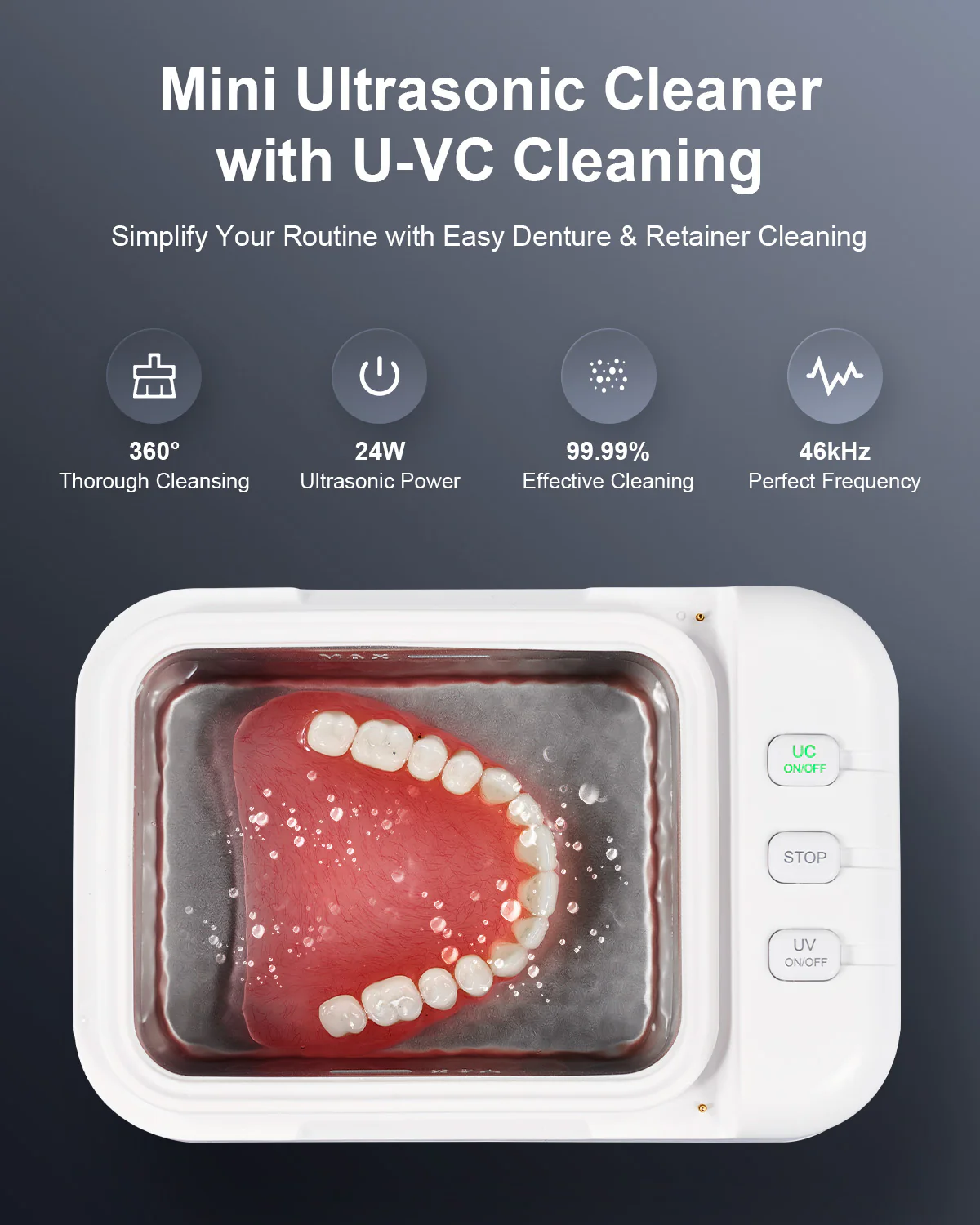 24W Ultrasonic Cleaner with 46kHz, 200mL Capacity, U-VC Light, and 2 Timer Settings for Jewelry, Retainers, Dentures, and Aligners - Image 4