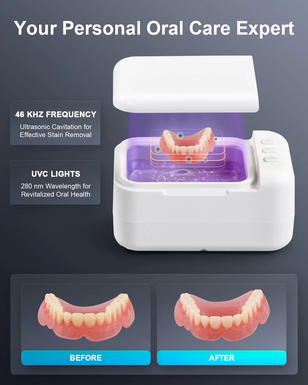 24W Ultrasonic Cleaner with 46kHz, 200mL Capacity, U-VC Light, and 2 Timer Settings for Jewelry, Retainers, Dentures, and Aligners - Image 5