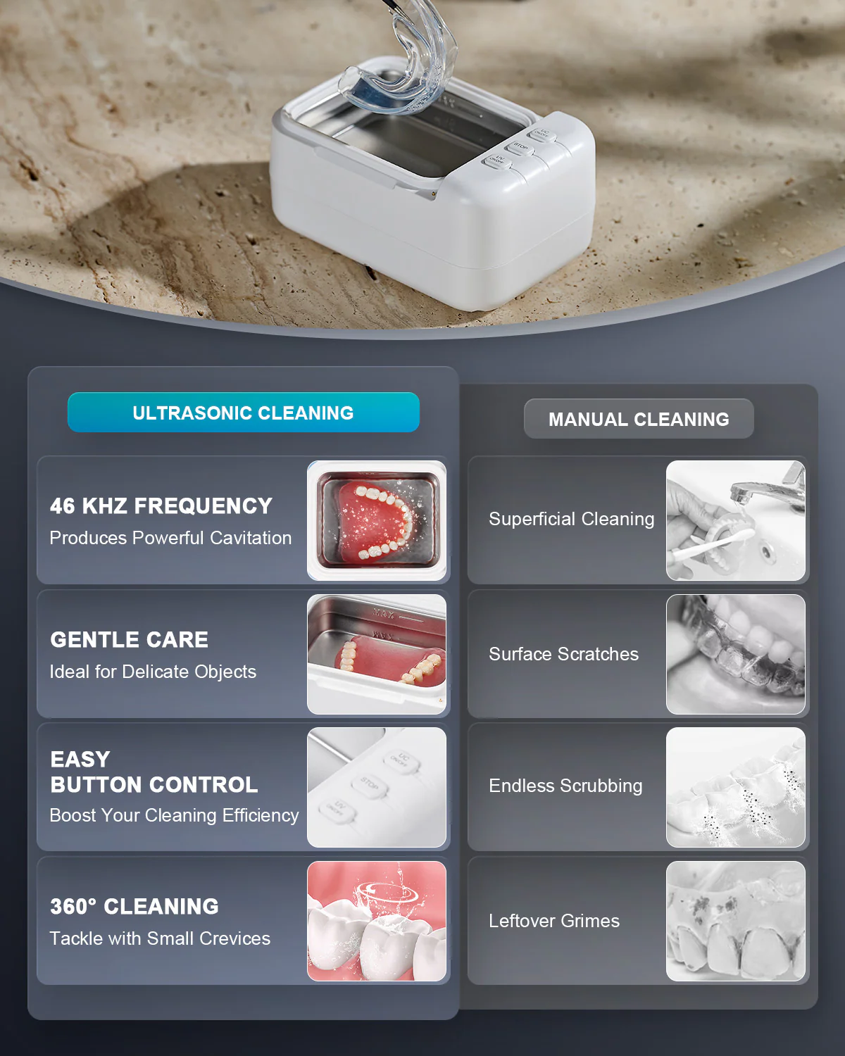 24W Ultrasonic Cleaner with 46kHz, 200mL Capacity, U-VC Light, and 2 Timer Settings for Jewelry, Retainers, Dentures, and Aligners - Image 7