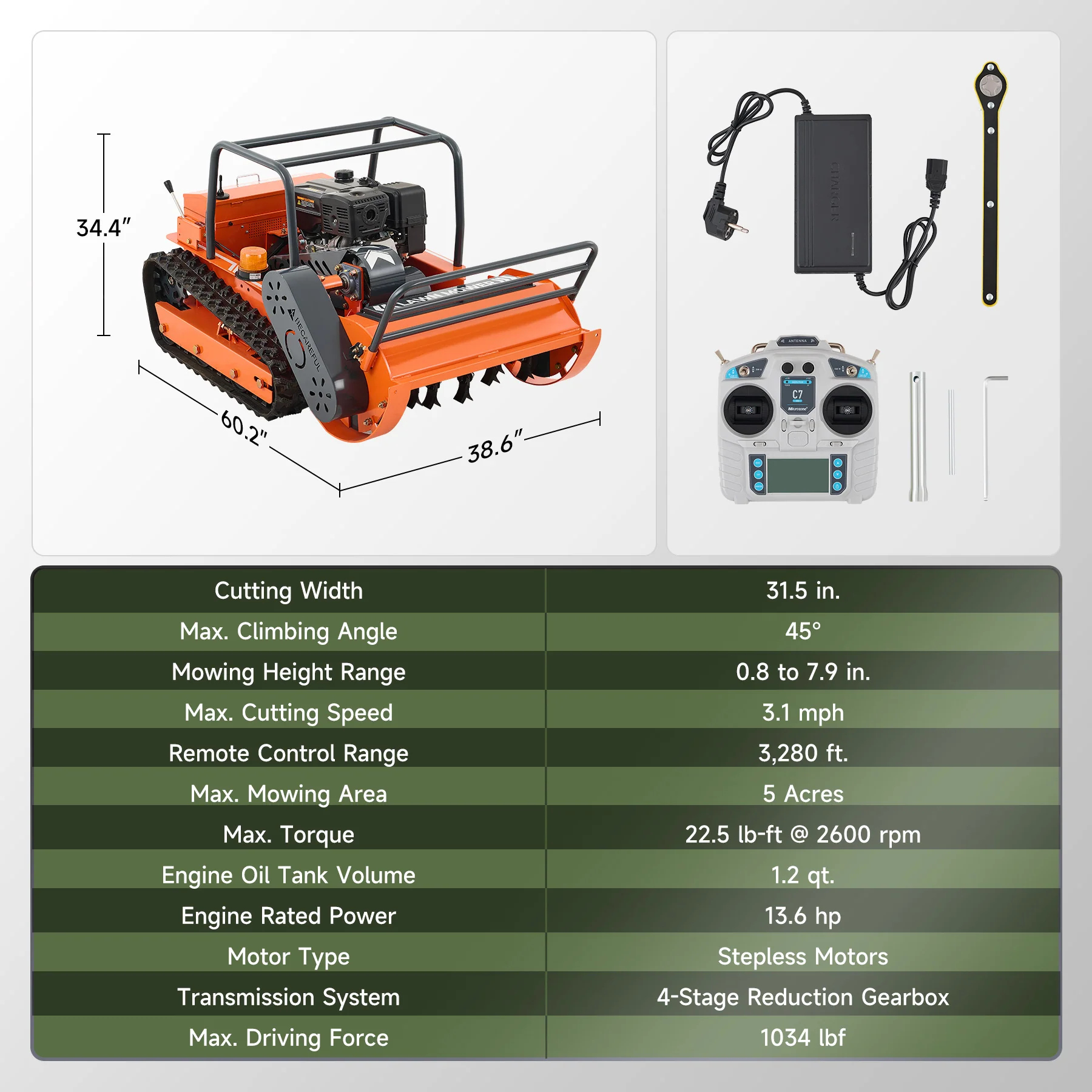 31.5" Remote Control Lawn Mower, 13.6HP Hybrid Power, Adjustable Height, 45°Slope Climbing - Image 9