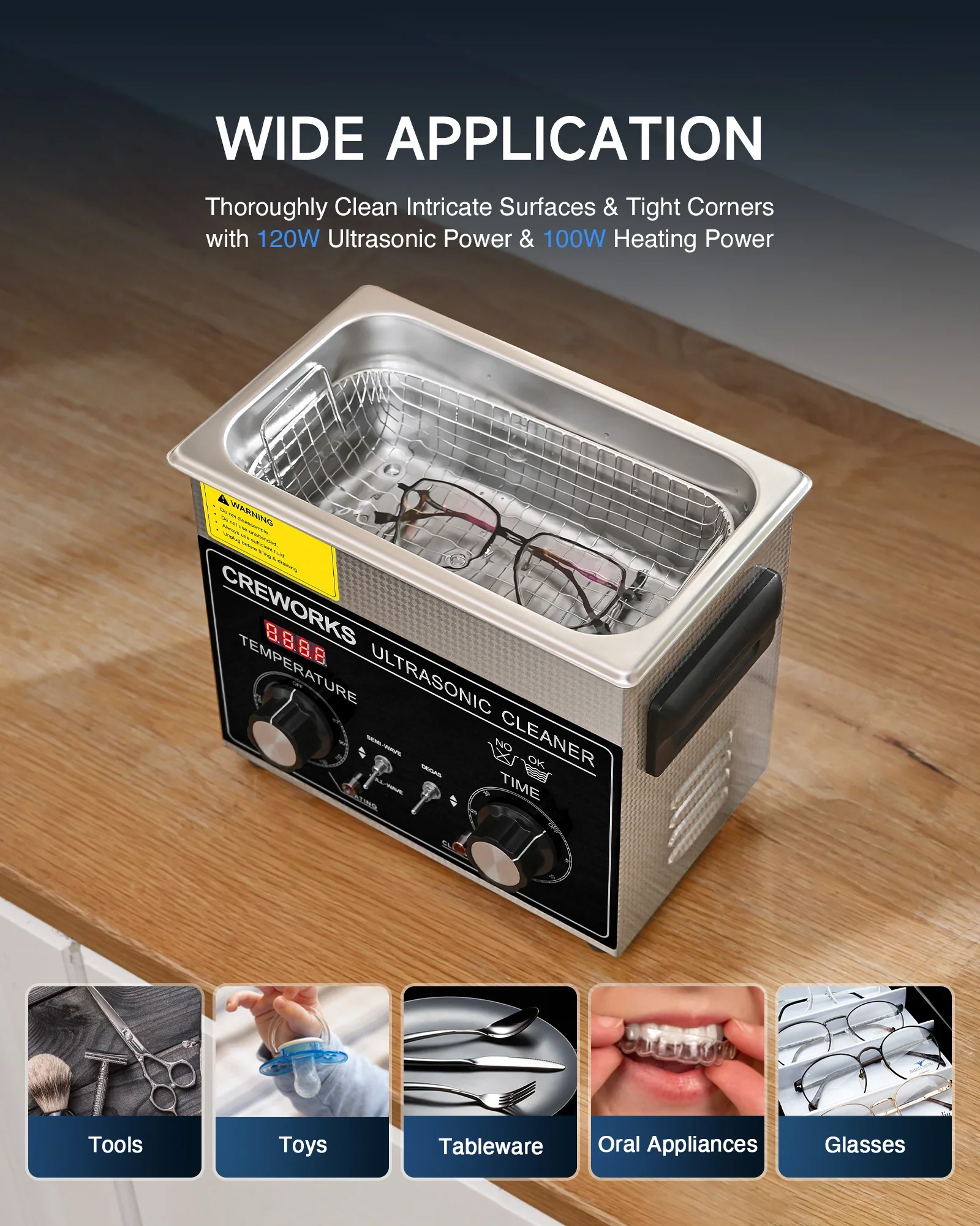CREWORKS Authorized 3L Ultrasonic Cleaner with Heater & Timer, 120W Stainless Steel Cleaning Machine for Jewelry, Glasses & Watches - Image 4