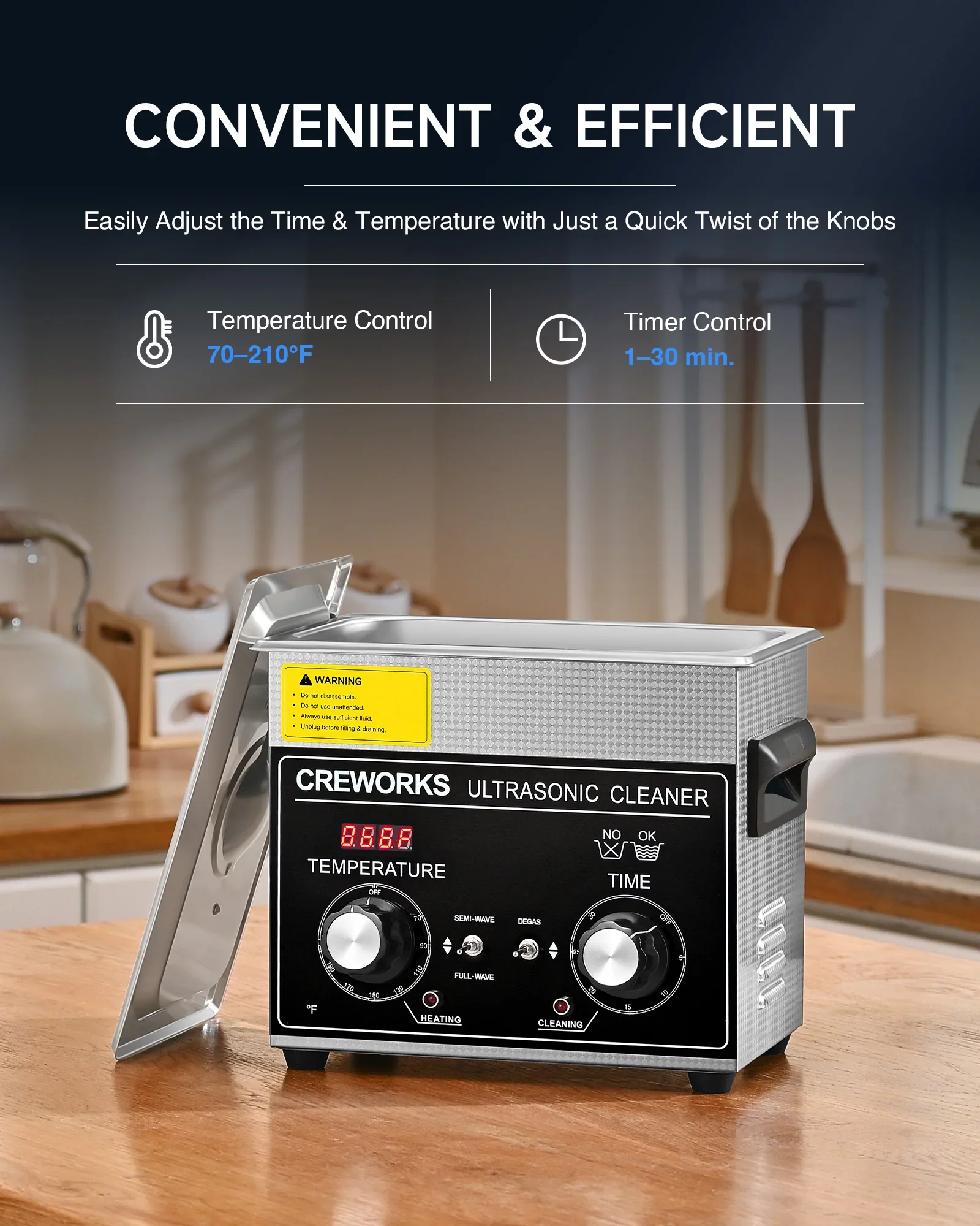 CREWORKS Authorized 3L Ultrasonic Cleaner with Heater & Timer, 120W Stainless Steel Cleaning Machine for Jewelry, Glasses & Watches - Image 6