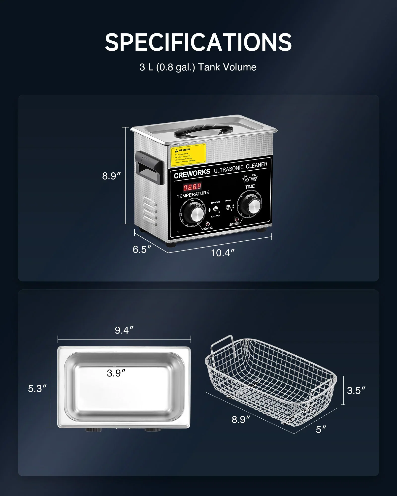 CREWORKS Authorized 3L Ultrasonic Cleaner with Heater & Timer, 120W Stainless Steel Cleaning Machine for Jewelry, Glasses & Watches - Image 7