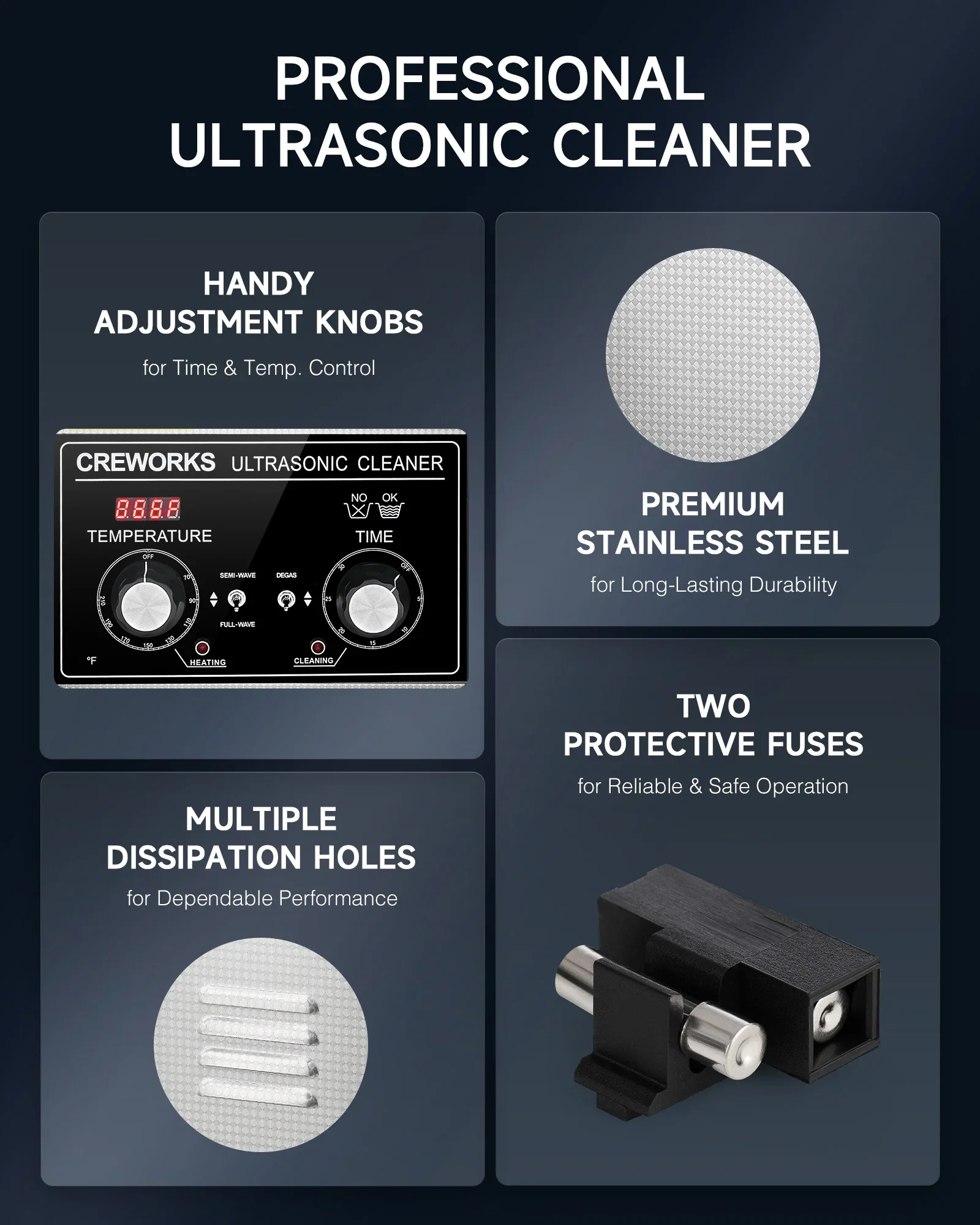 CREWORKS Authorized 3L Ultrasonic Cleaner with Heater & Timer, 120W Stainless Steel Cleaning Machine for Jewelry, Glasses & Watches - Image 8