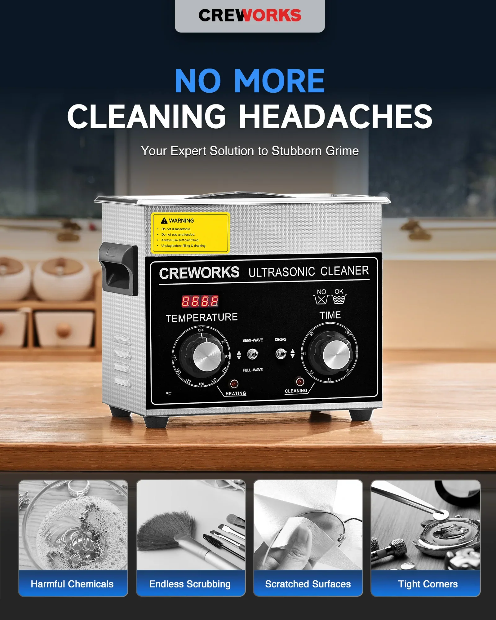 CREWORKS Authorized 3L Ultrasonic Cleaner with Heater & Timer, 120W Stainless Steel Cleaning Machine for Jewelry, Glasses & Watches - Image 9