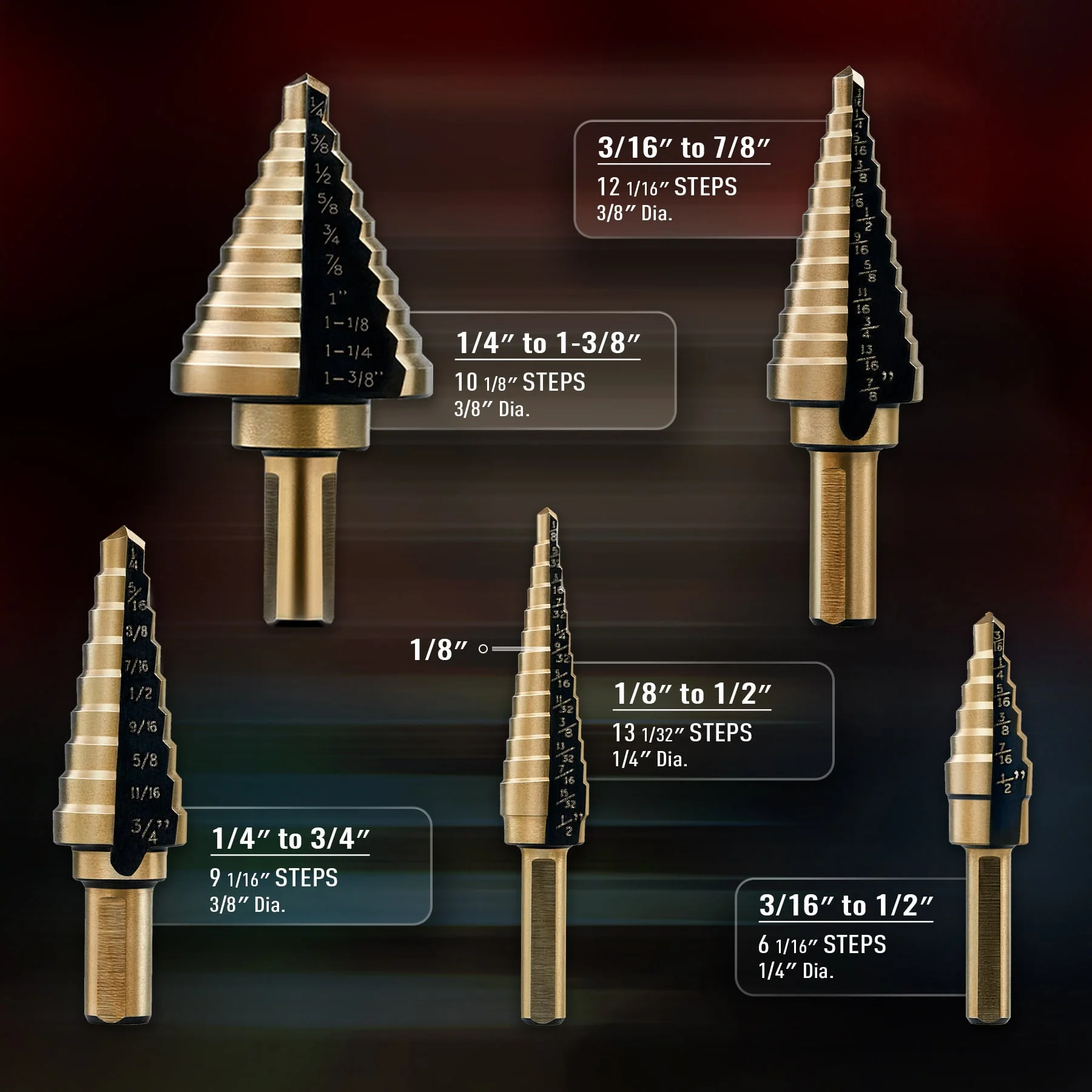 CO-Z Step Drill Bits, HSS 5PCS Titanium Step Drill Bit Set, 50 Sizes in 5 High Speed Steel Unibit Drill Bits Set for Sheet Metal with Aluminum Case, Multiple Hole Stepped Up Bits for DIY Lovers - Image 3
