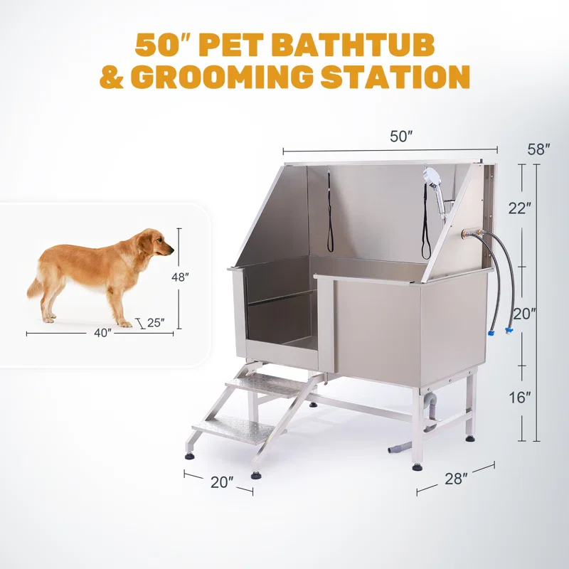 50" Stainless Steel Pet Grooming Tub - Dog Bathtub - Image 6