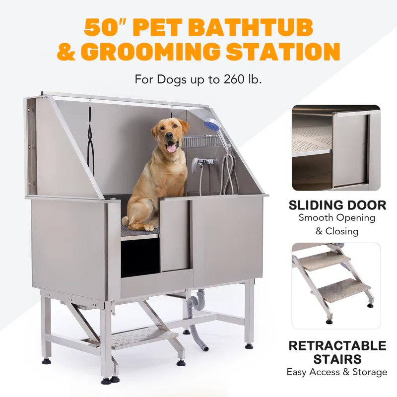 50" Stainless Steel Pet Grooming Tub - Dog Bathtub - Image 8