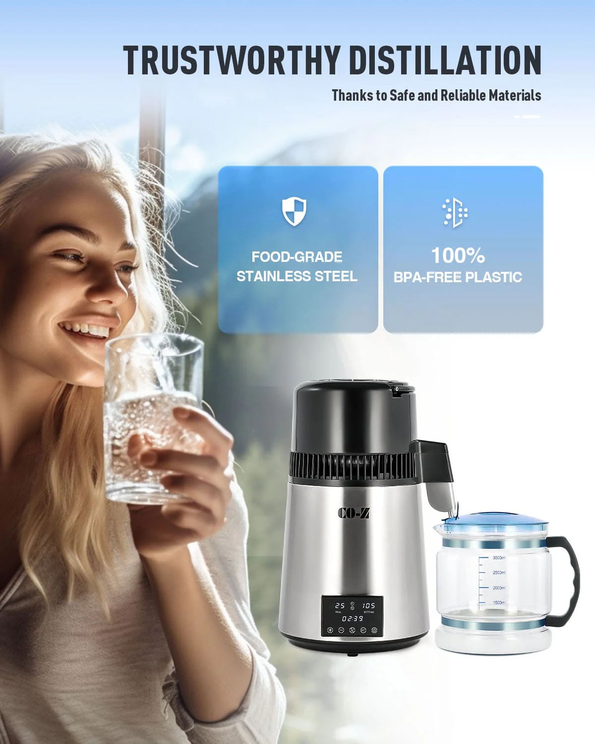 CO-Z 1.1 Gallon Water Distiller, 1750W with Glass Container, Dual Temp Display & Timer, 4L Stainless Steel - Image 9