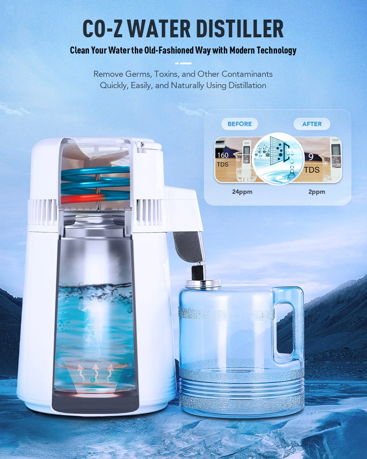 CO-Z 1.1 Gallon Water Distiller, 750W Countertop with BPA-Free 4L Stainless Steel Container, White - Image 3