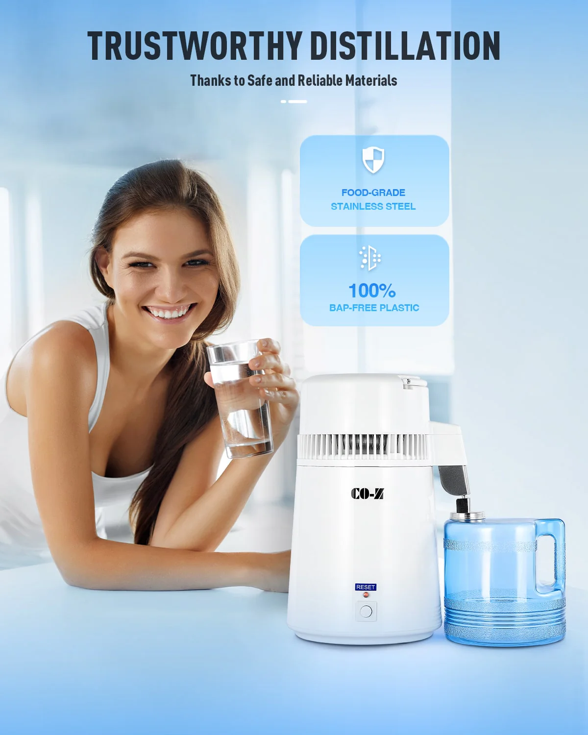 CO-Z 1.1 Gallon Water Distiller, 750W Countertop with BPA-Free 4L Stainless Steel Container, White - Image 7
