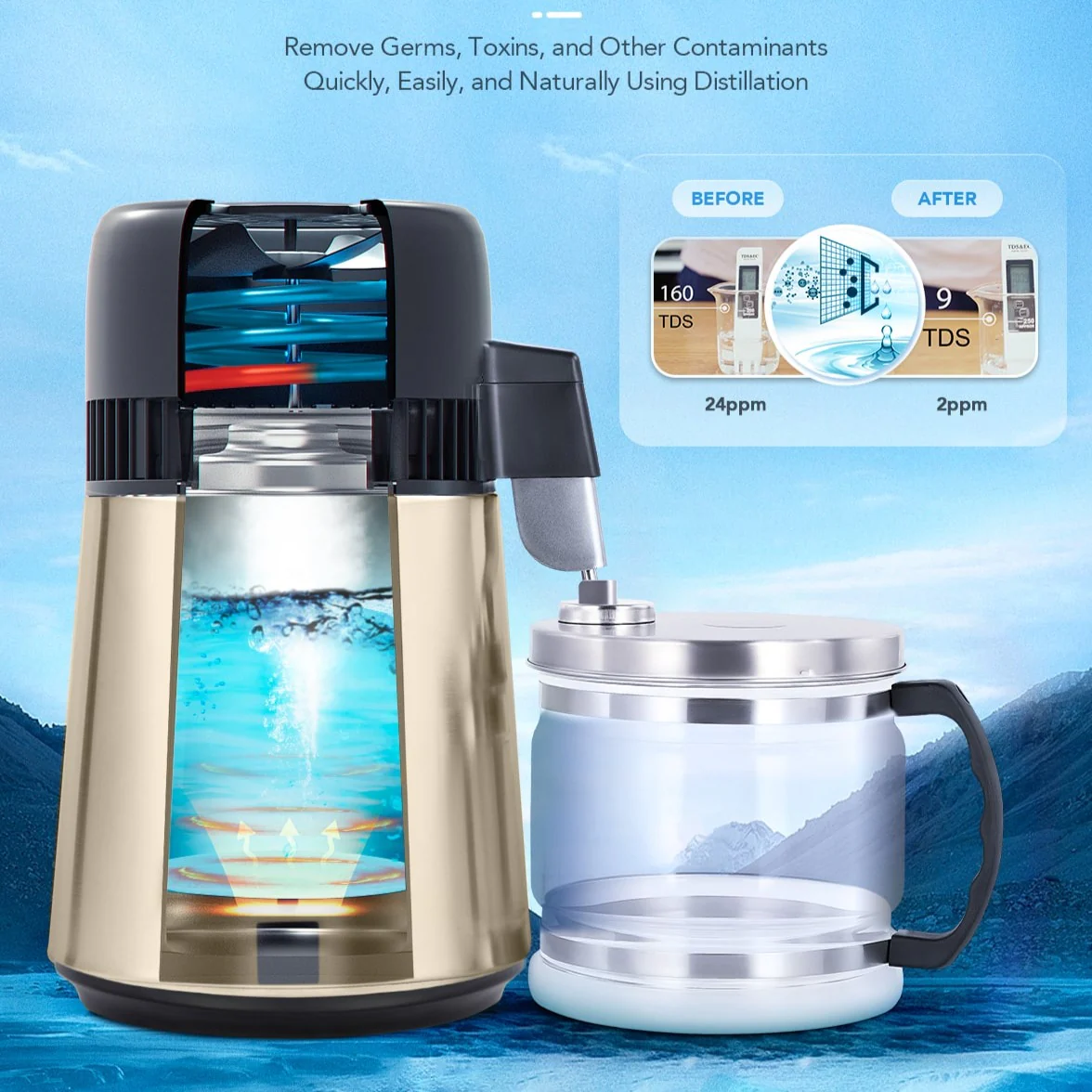 CO-Z 1.1 Gallon Water Distiller, 750W Countertop, BPA-Free Glass & 4L Stainless Steel (Gold) - Image 3