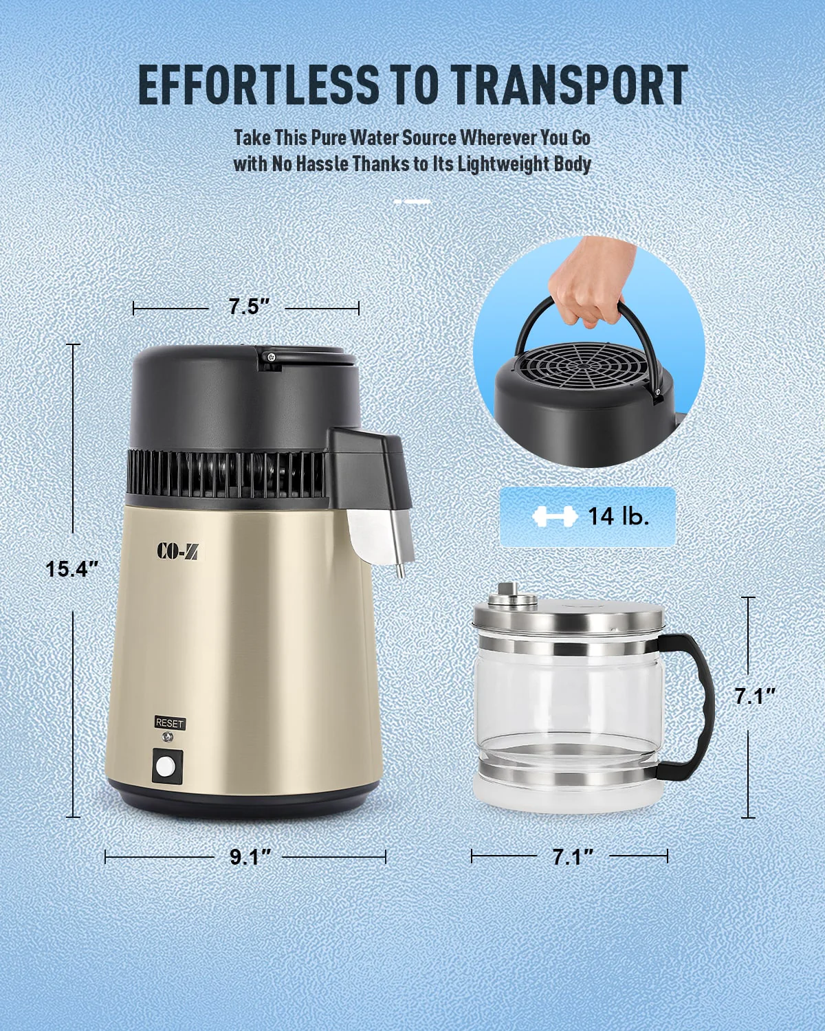 CO-Z 1.1 Gallon Water Distiller, 750W Countertop, BPA-Free Glass & 4L Stainless Steel (Gold) - Image 4