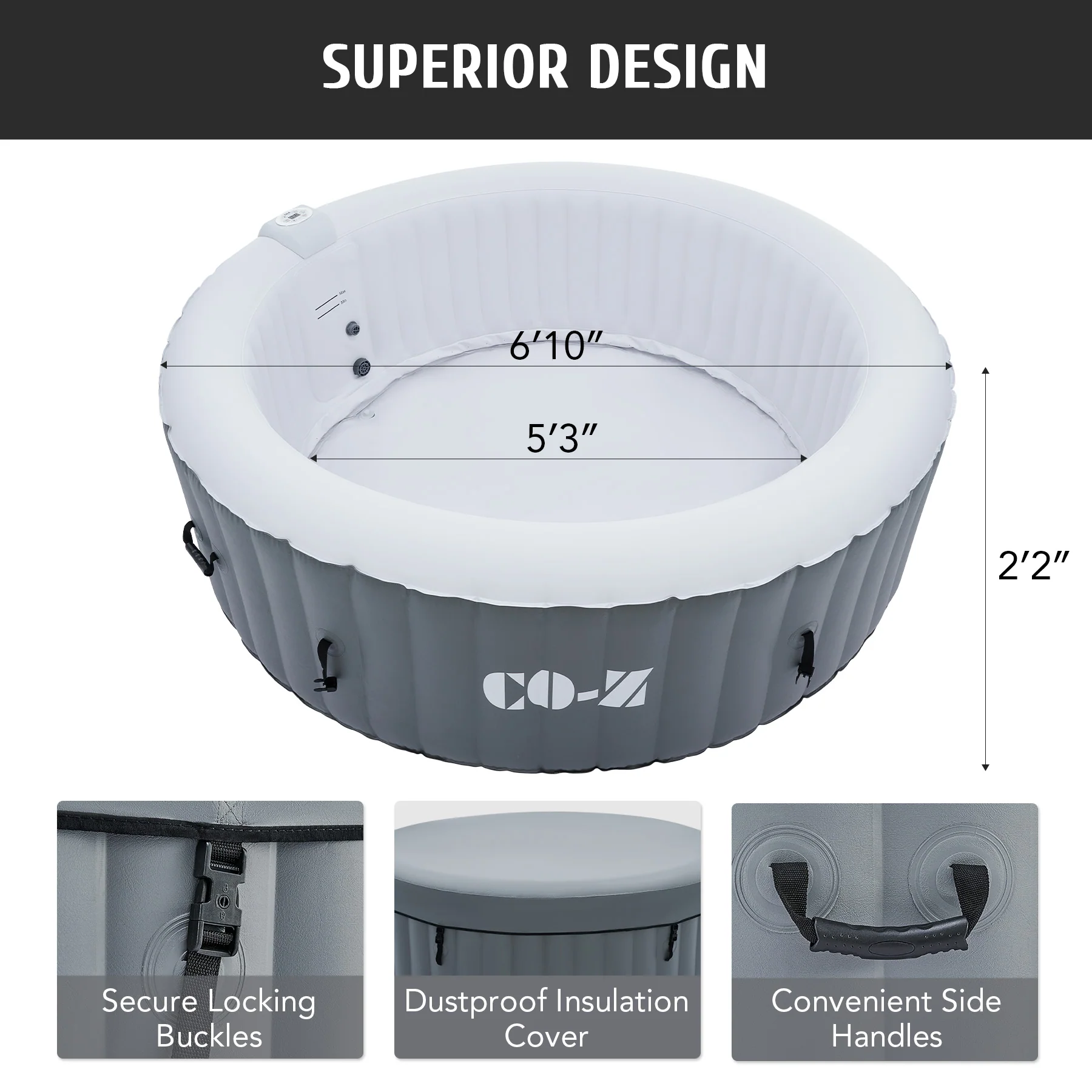 CO-Z 6-Person Portable Hot Tub, 6.8ft Inflatable Spa with 130 Bubble Jets, Heater & Pump, 265gal, Gray - Image 7