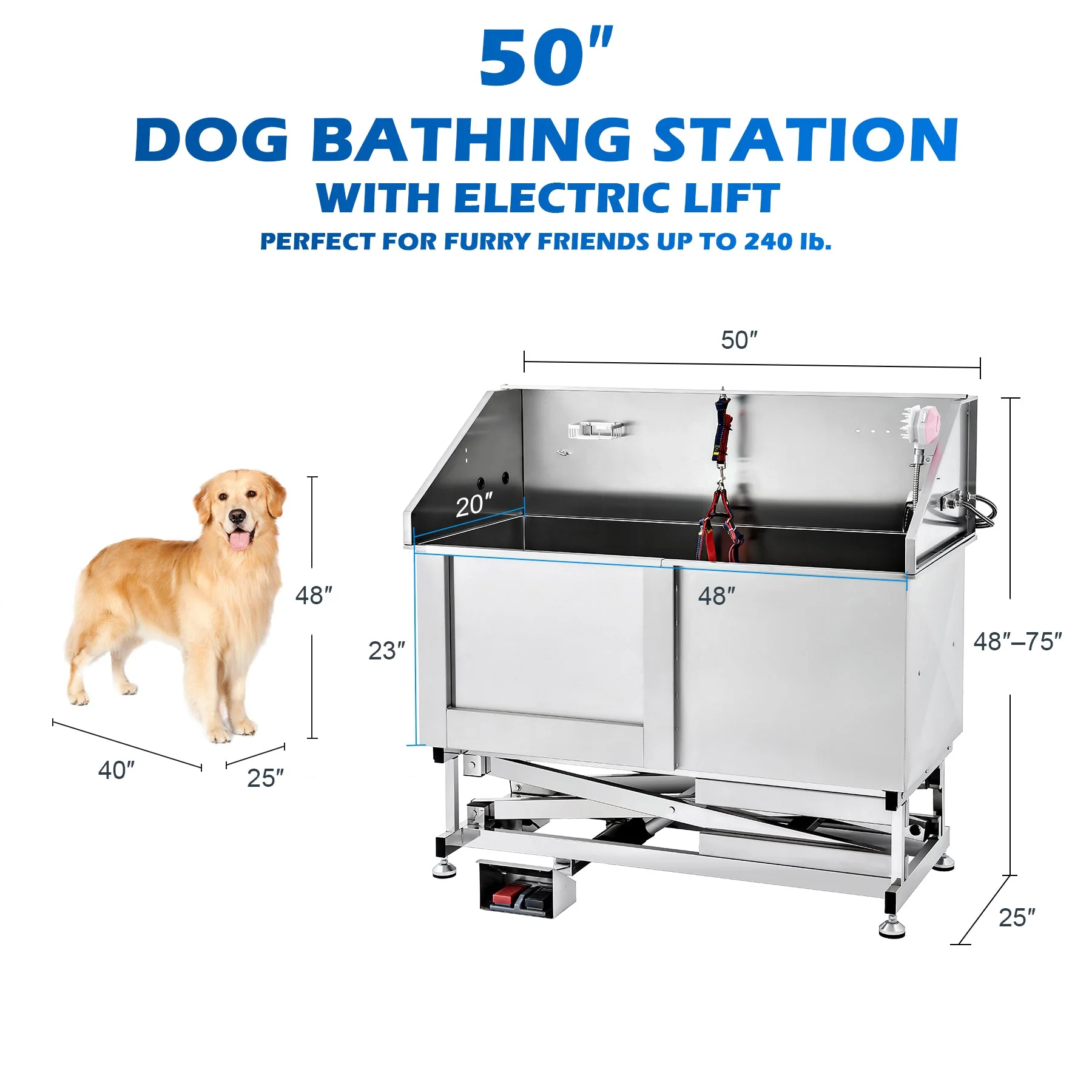 CO-Z Dog Bathing Station – 50" Adjustable Grooming Tub with Electric Lift for Home Use - Image 3