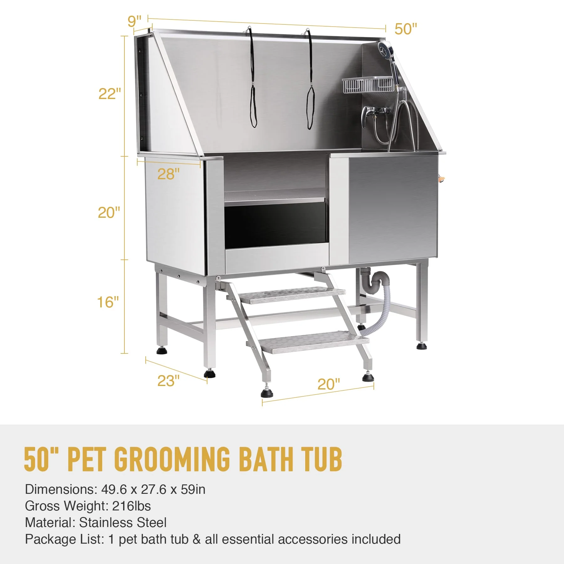 CO-Z 50" Stainless Steel Dog Grooming Tub with Faucet, Walk-in Ramp & Accessories - Image 3