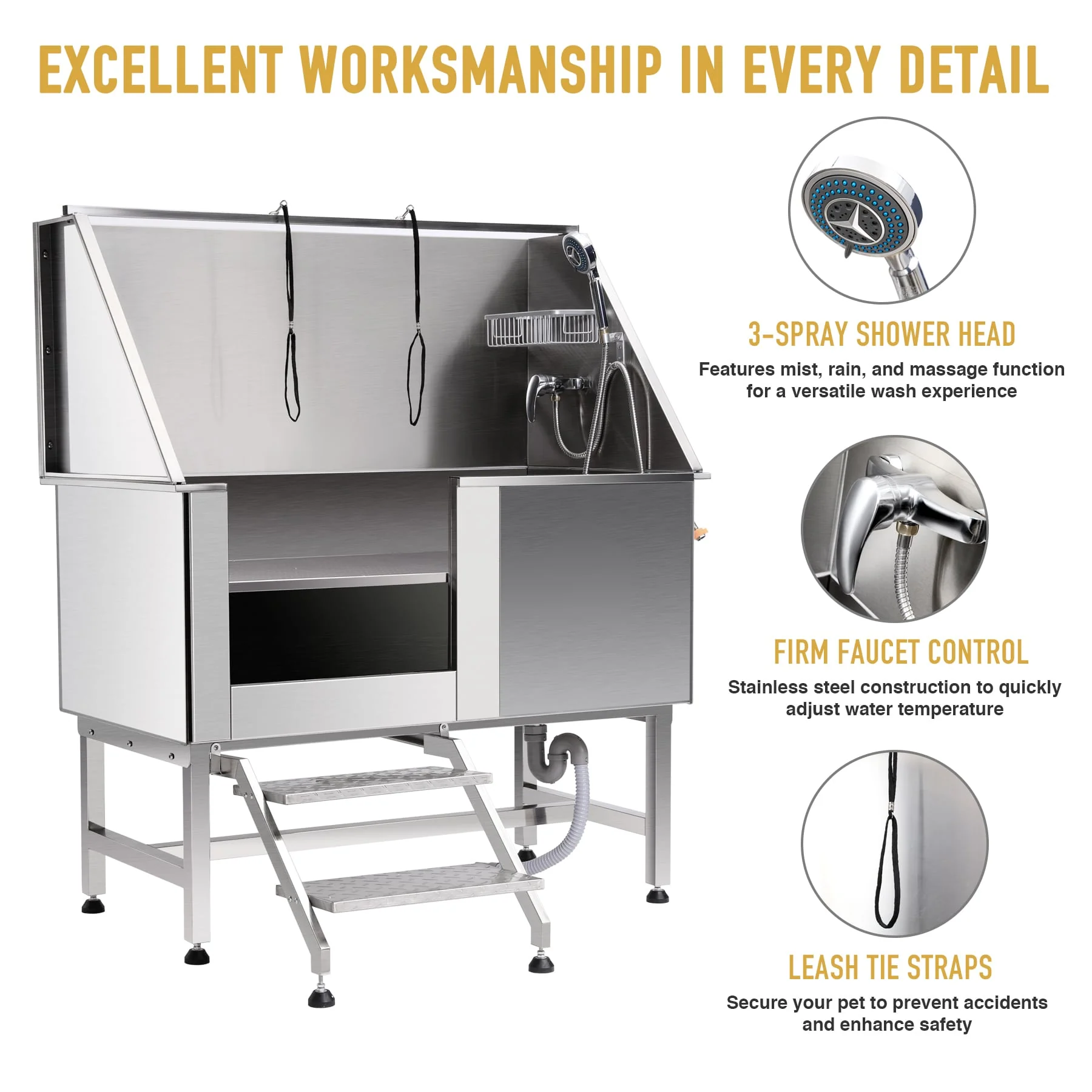 CO-Z 50" Stainless Steel Dog Grooming Tub with Faucet, Walk-in Ramp & Accessories - Image 4