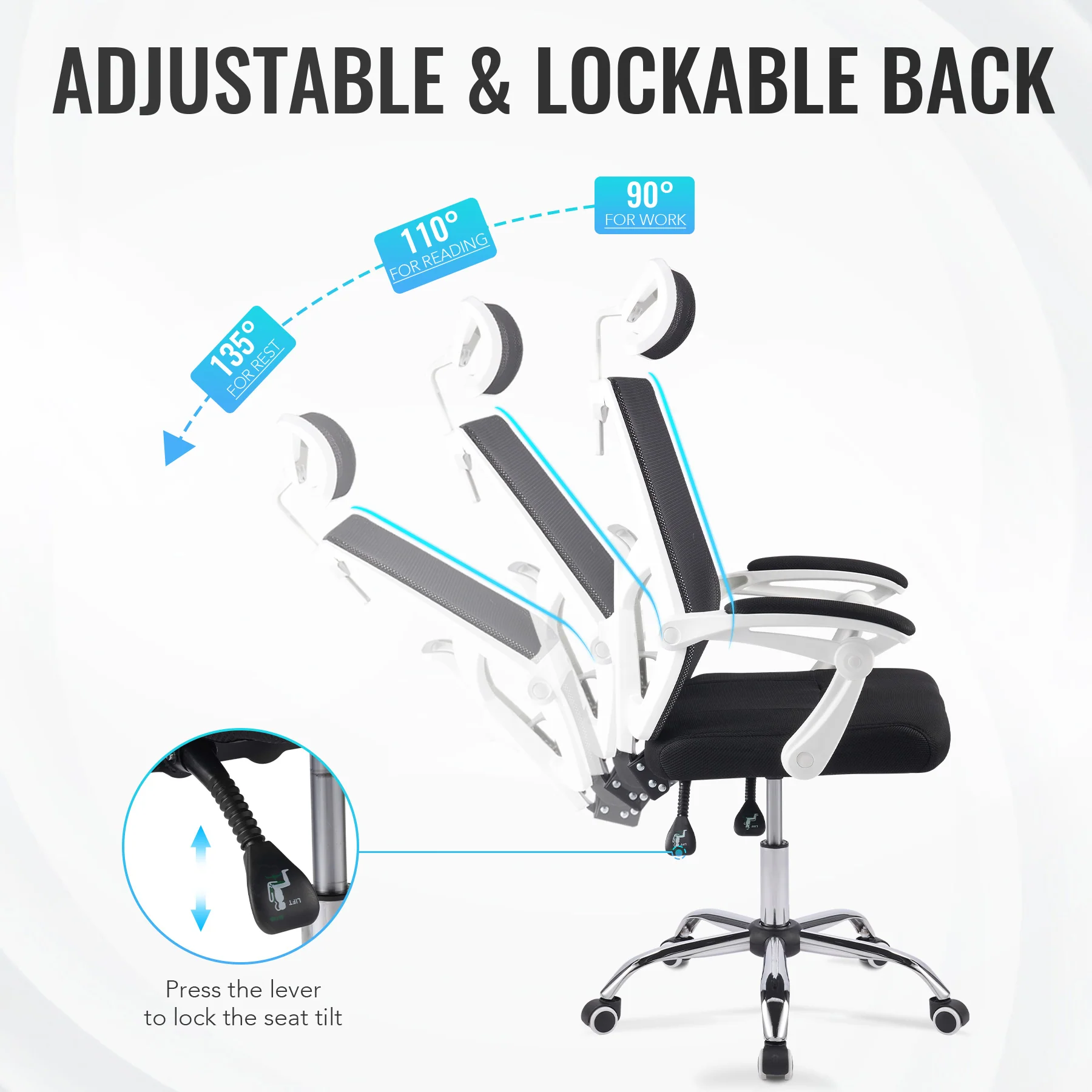 CO-Z Ergonomic Mesh Office Chair, High Back with Adjustable Headrest, Armrests & Lumbar Support, Black - Image 4