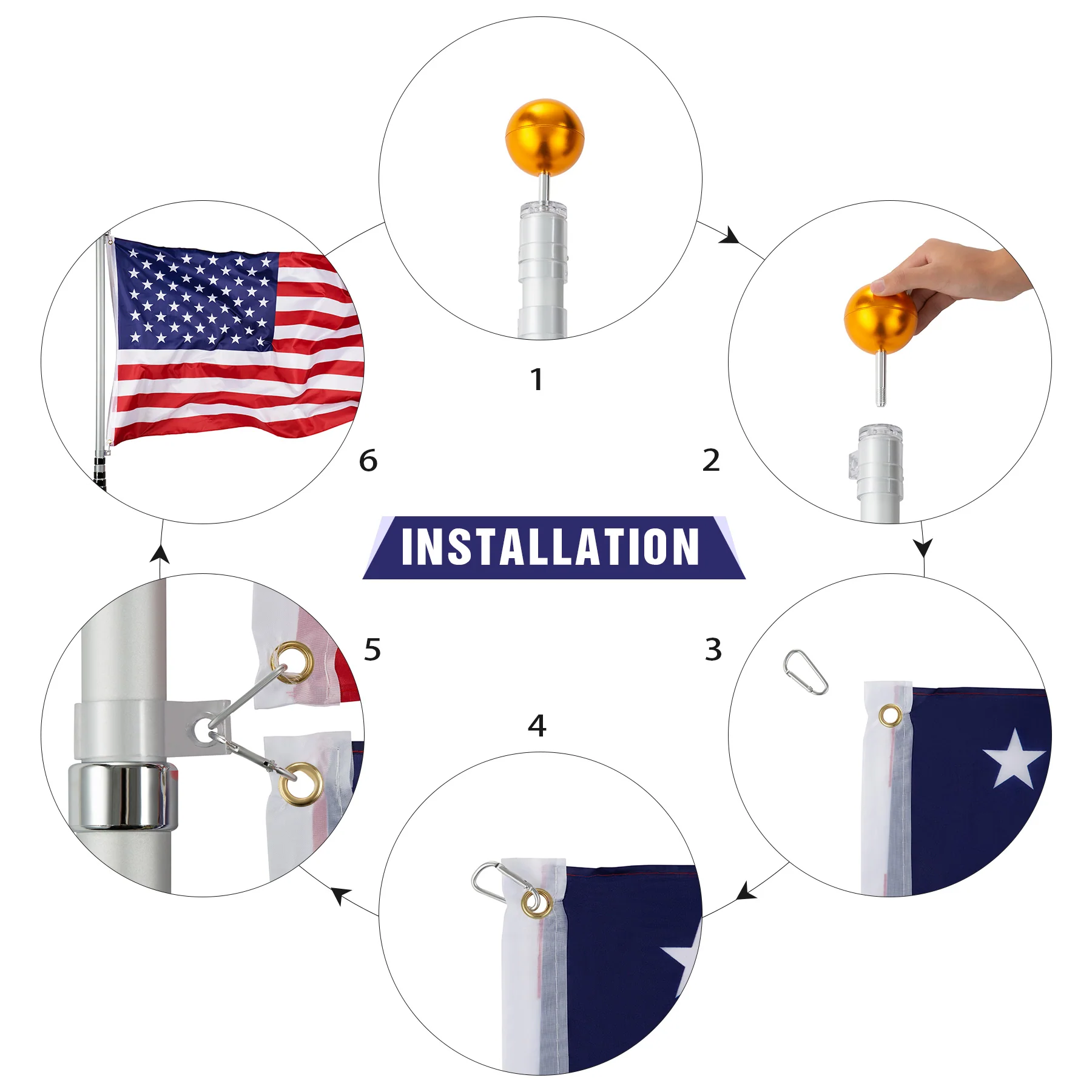 CO-Z FIag PoIes TeIescoping Aluminum with 3‘X5’ American flag, GoIden Ball Finial, PVC SIeeve, Hooks & Screws (16FT) - Image 3