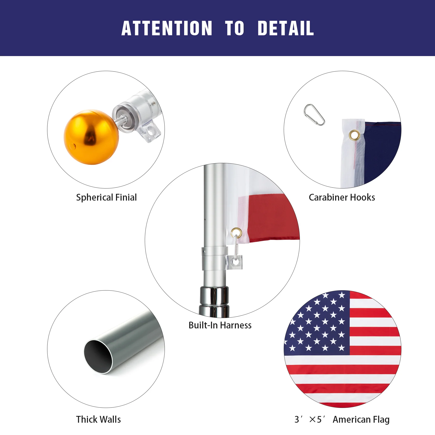 CO-Z FIag PoIes TeIescoping Aluminum with 3‘X5’ American flag, GoIden Ball Finial, PVC SIeeve, Hooks & Screws (16FT) - Image 4