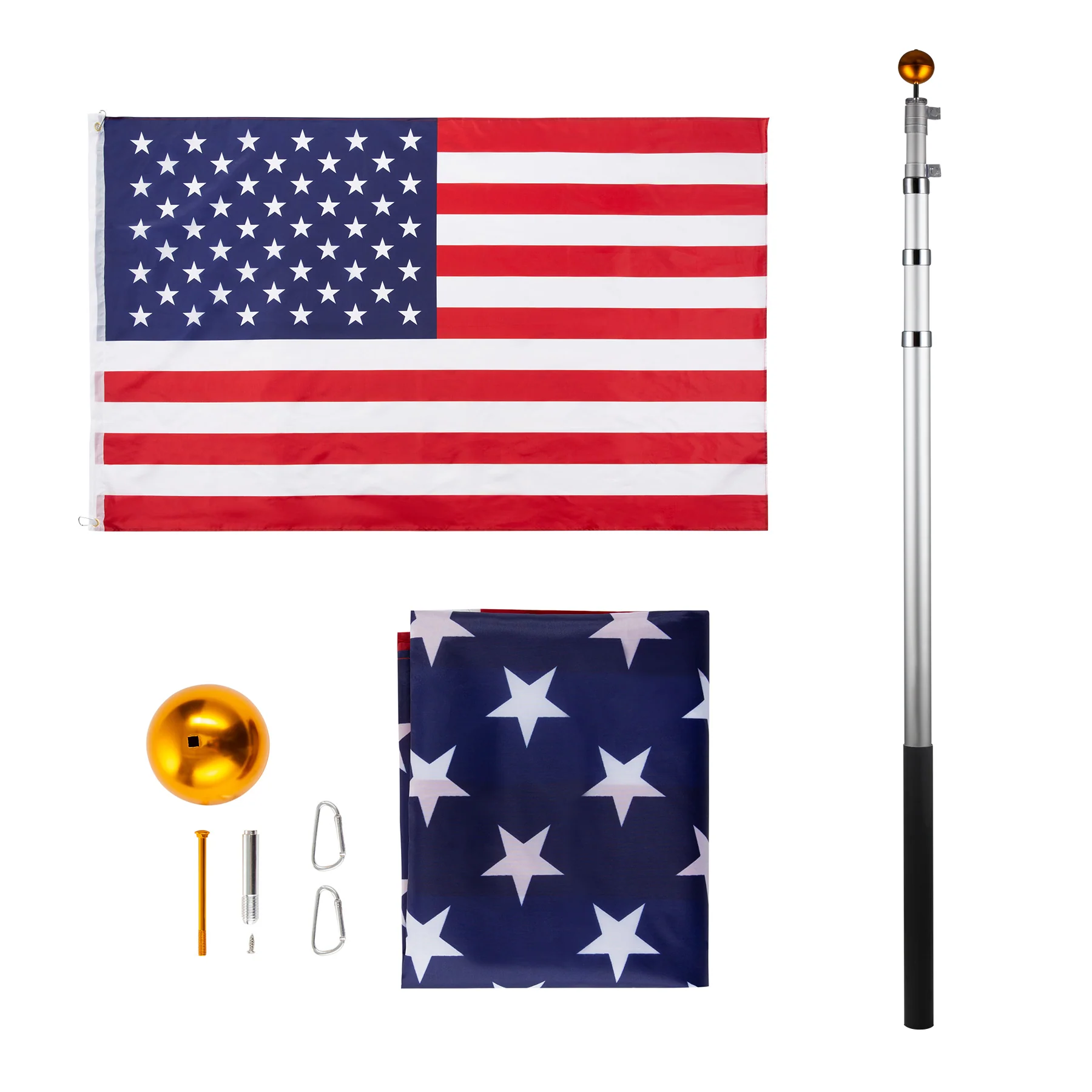 CO-Z FIag PoIes TeIescoping Aluminum with 3‘X5’ American flag, GoIden Ball Finial, PVC SIeeve, Hooks & Screws (16FT) - Image 5