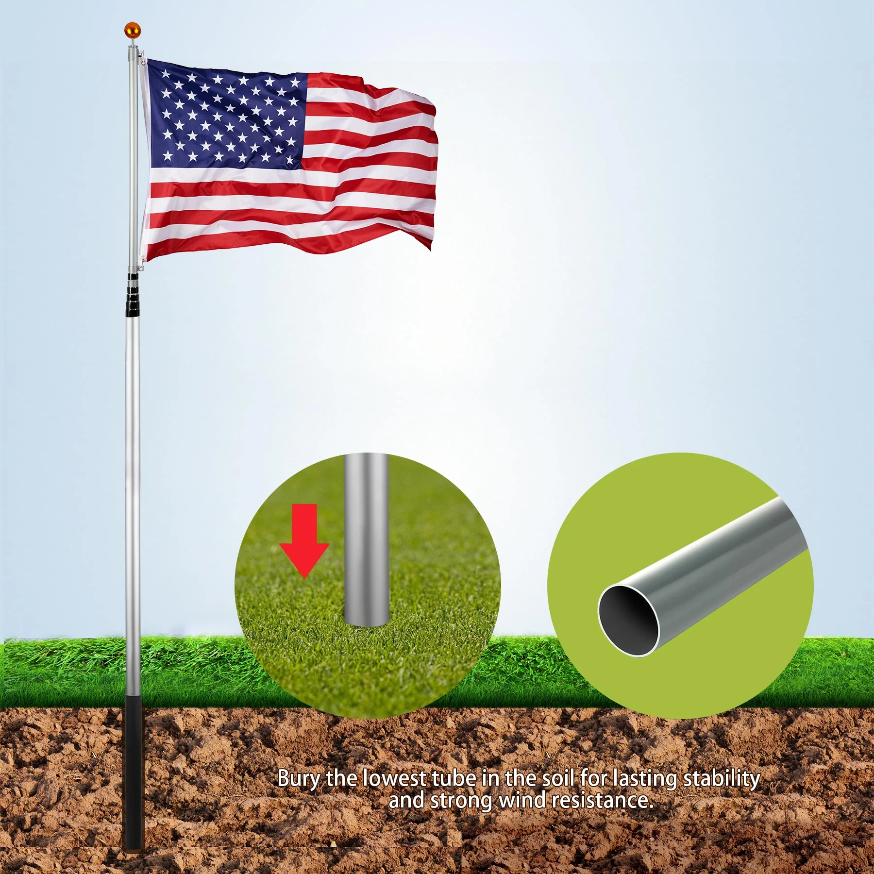 CO-Z FIag PoIes TeIescoping Aluminum with 3‘X5’ American flag, GoIden Ball Finial, PVC SIeeve, Hooks & Screws (16FT) - Image 6
