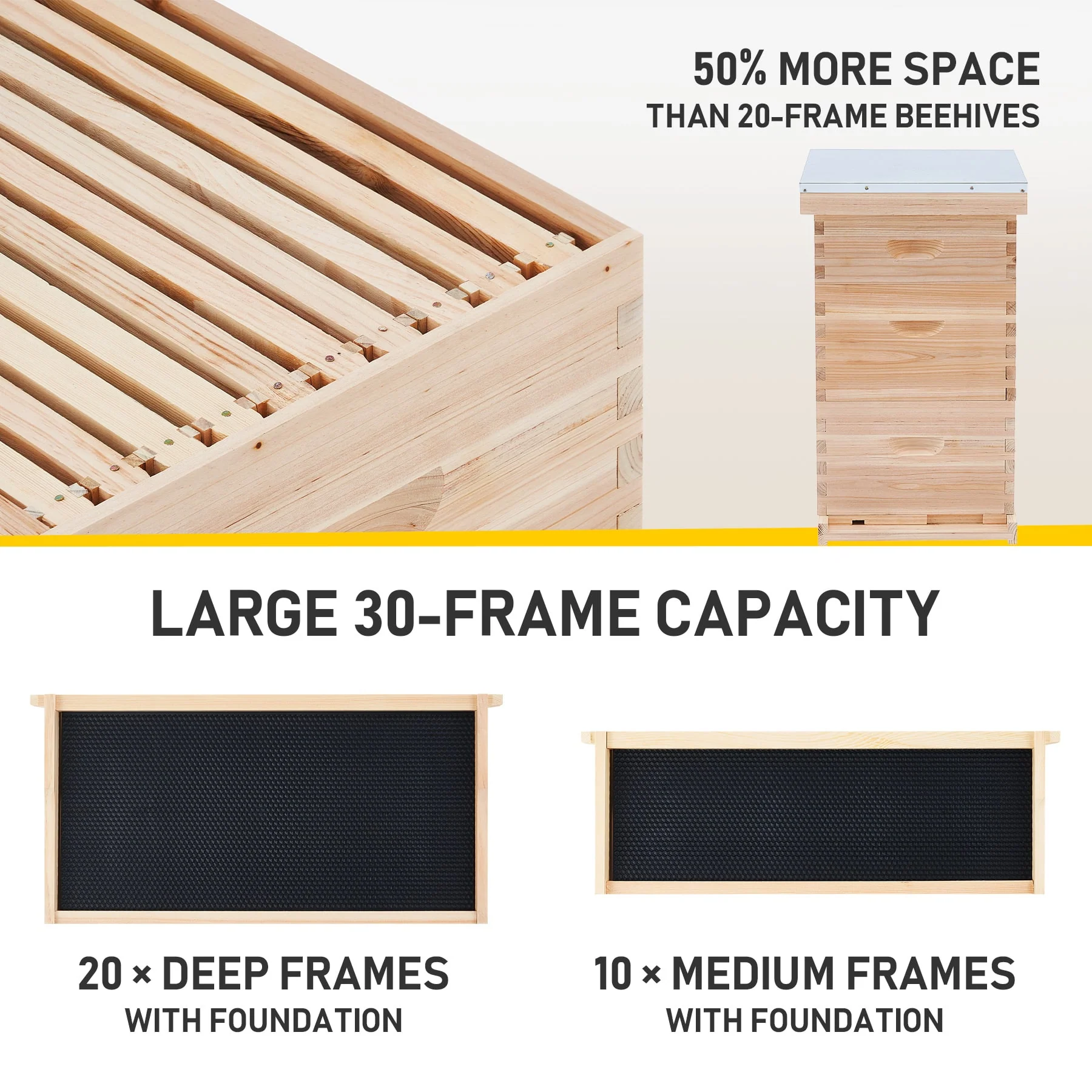 CO-Z 30-Frame Langstroth Beehive Kit, 3-Tier Bee Box with 10 Medium & 20 Deep Frames - Image 4