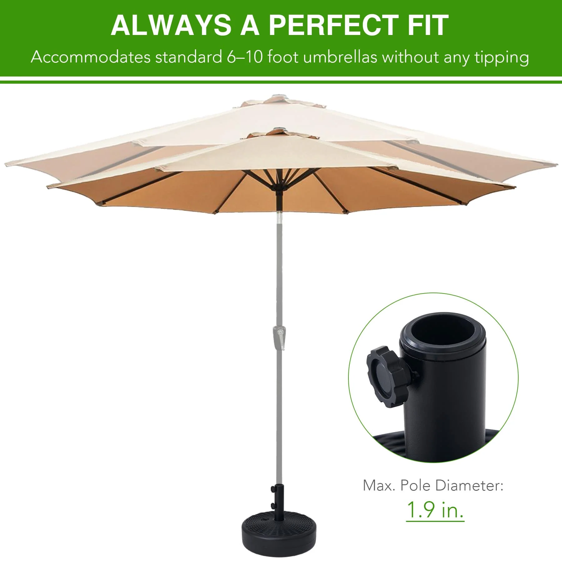 CO-Z 18" Outdoor Umbrella Stand for Entryway Deck Lawn and More, Fillable Round Patio Umbrella Holder, Weatherproof HDPE Beach Umbrella Base, 37.5lb Sand or 36gal Water Fill Capacity, Black - Image 9