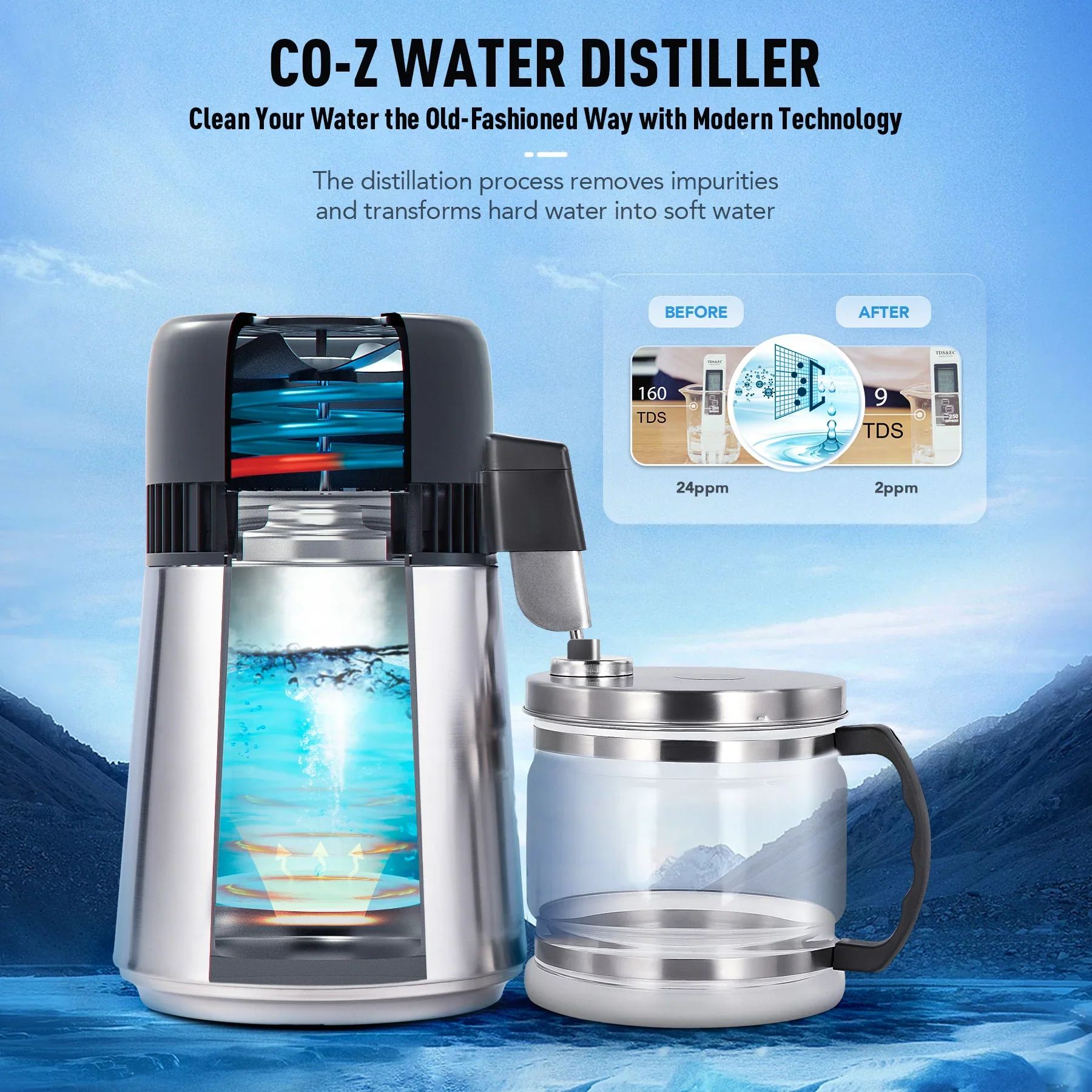 CO-Z 4L Water Distiller, Stainless Steel Purifier with Auto Shutoff - Image 3