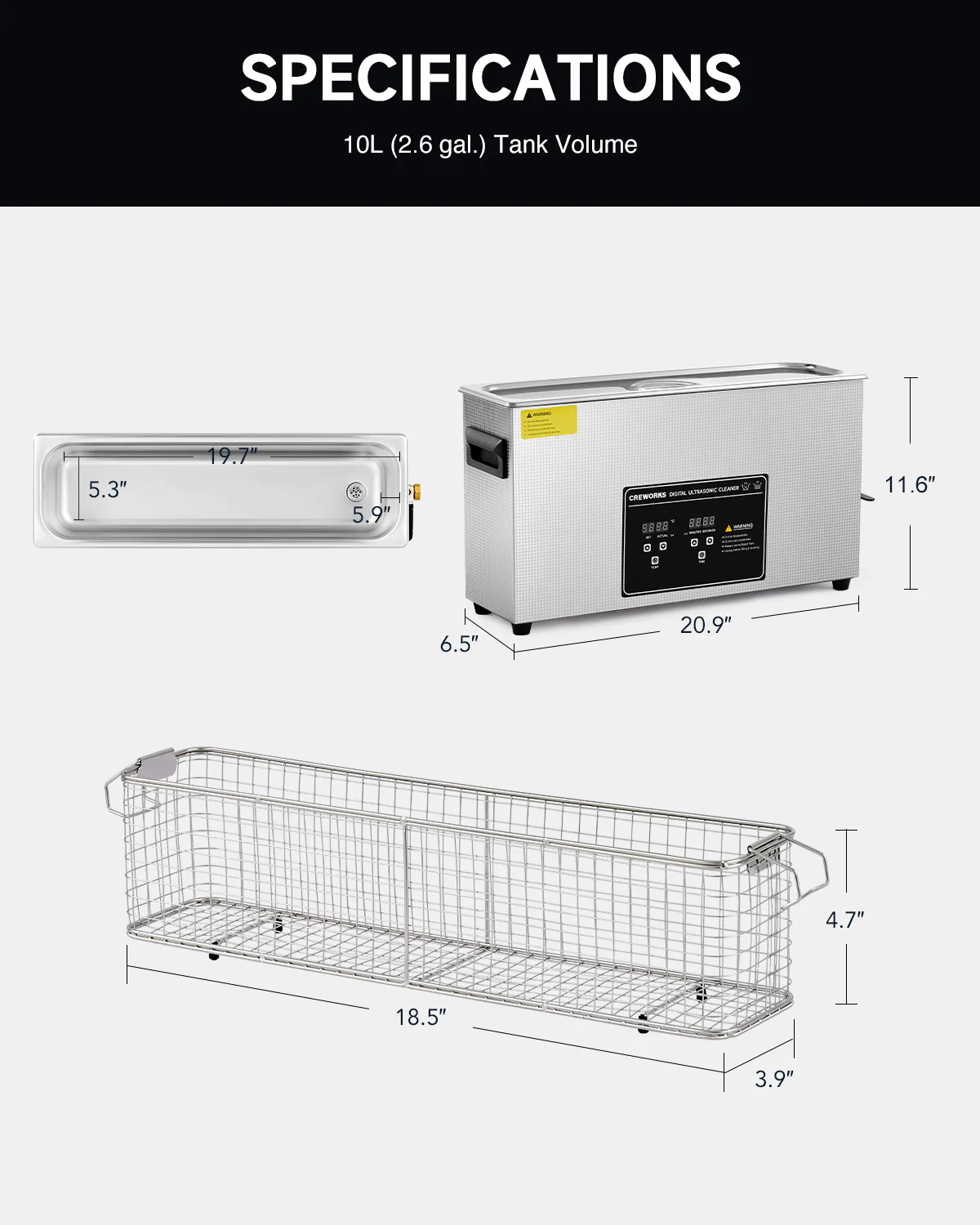 CREWORKS 10L Digital Ultrasonic Cleaner, 240W with Heater & Timer for Elongated Objects and Gun Parts - Image 8