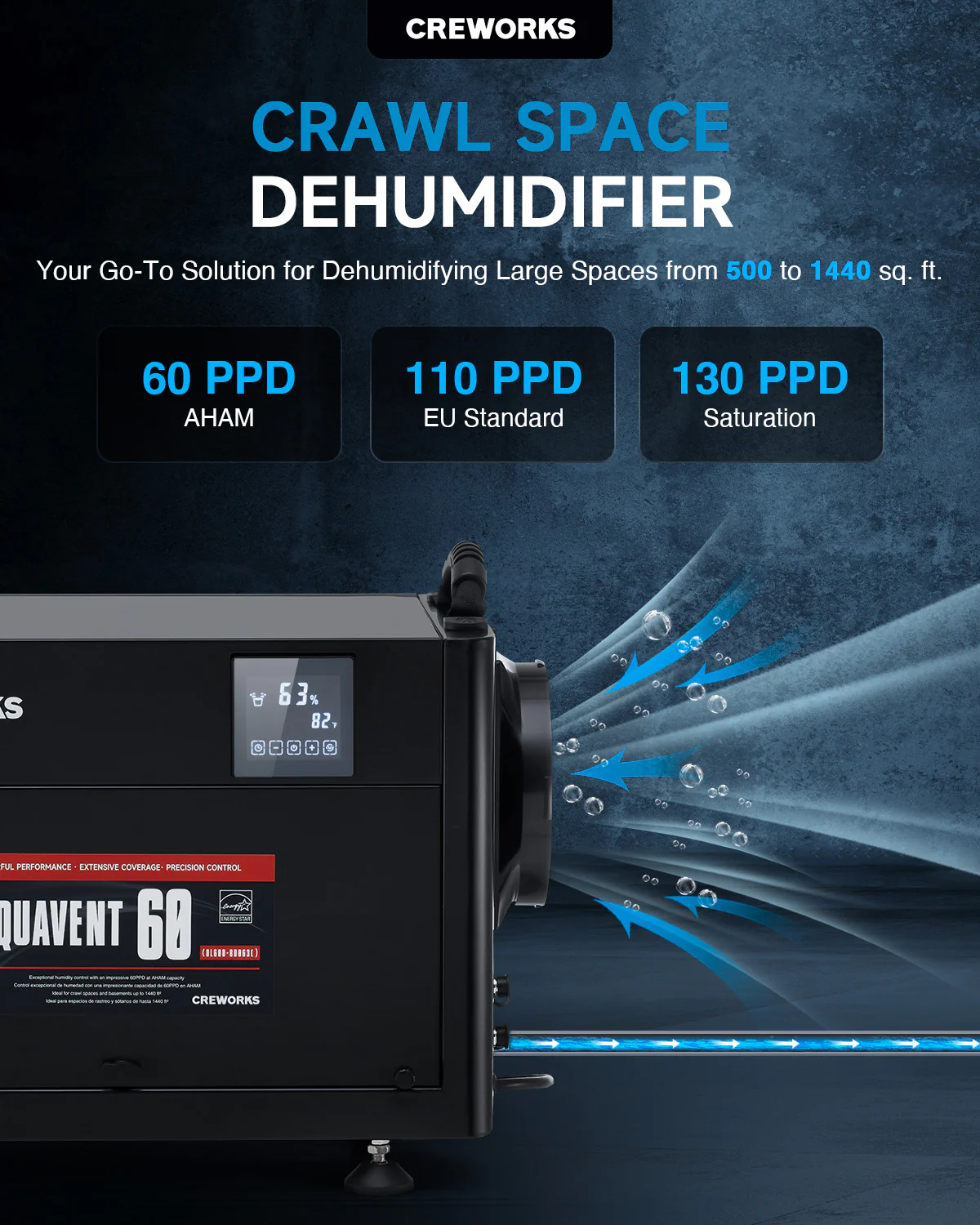 CREWORKS Authorized 130 PPD Commercial Dehumidifier for Crawl Space, Basement, Warehouse - Image 3