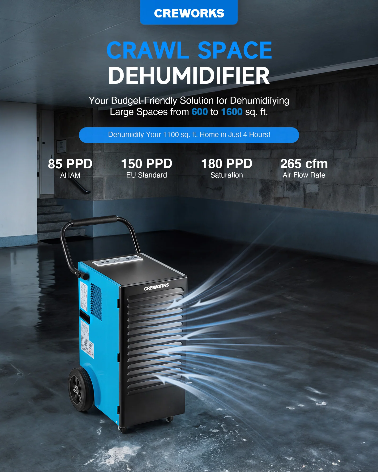 CREWORKS Authorized 180 PPD Commercial Dehumidifier with Water Pump, Auto Defrost & Smart Humidity Control - Image 4
