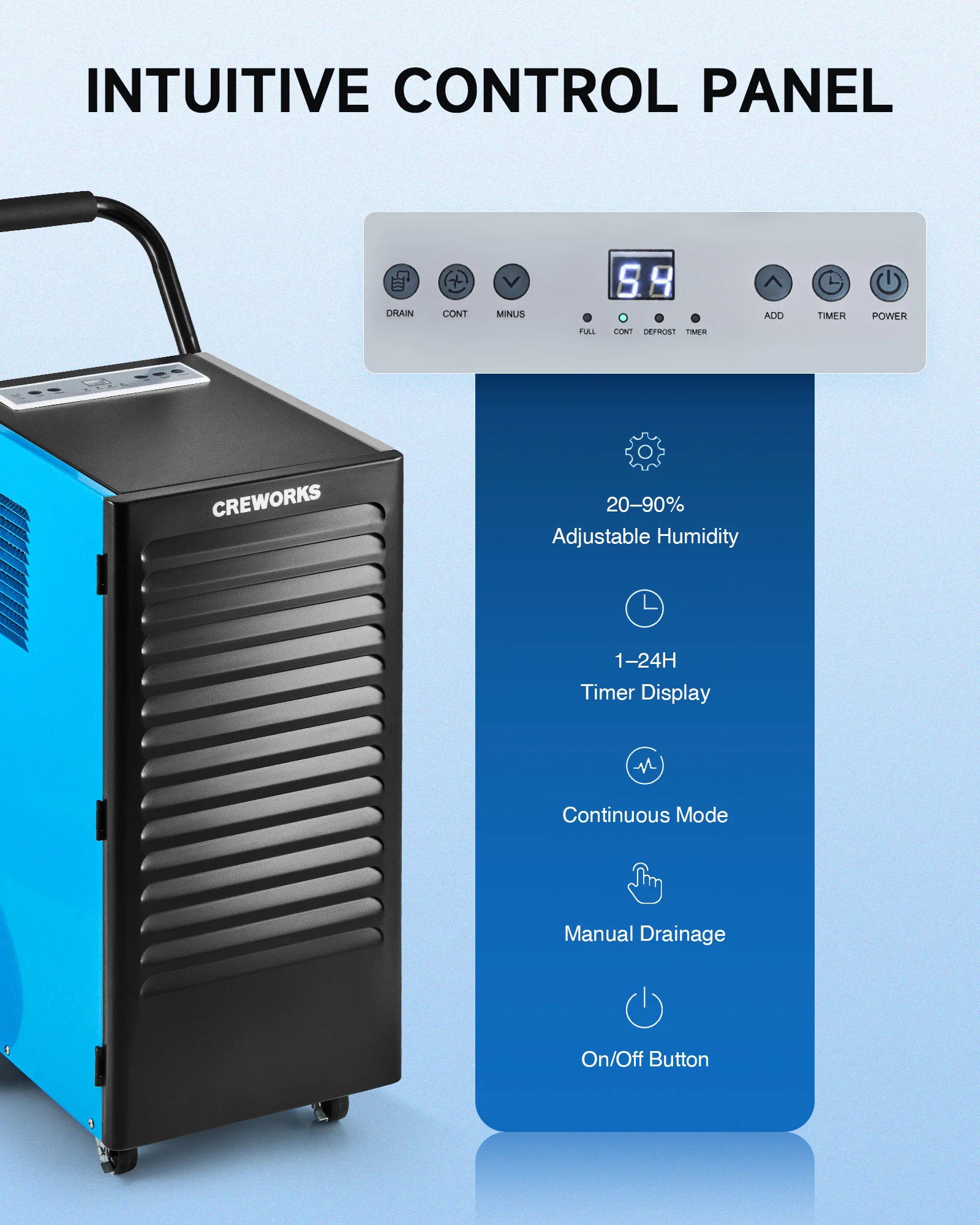 CREWORKS Authorized 180 PPD Commercial Dehumidifier with Water Pump, Auto Defrost & Smart Humidity Control - Image 6