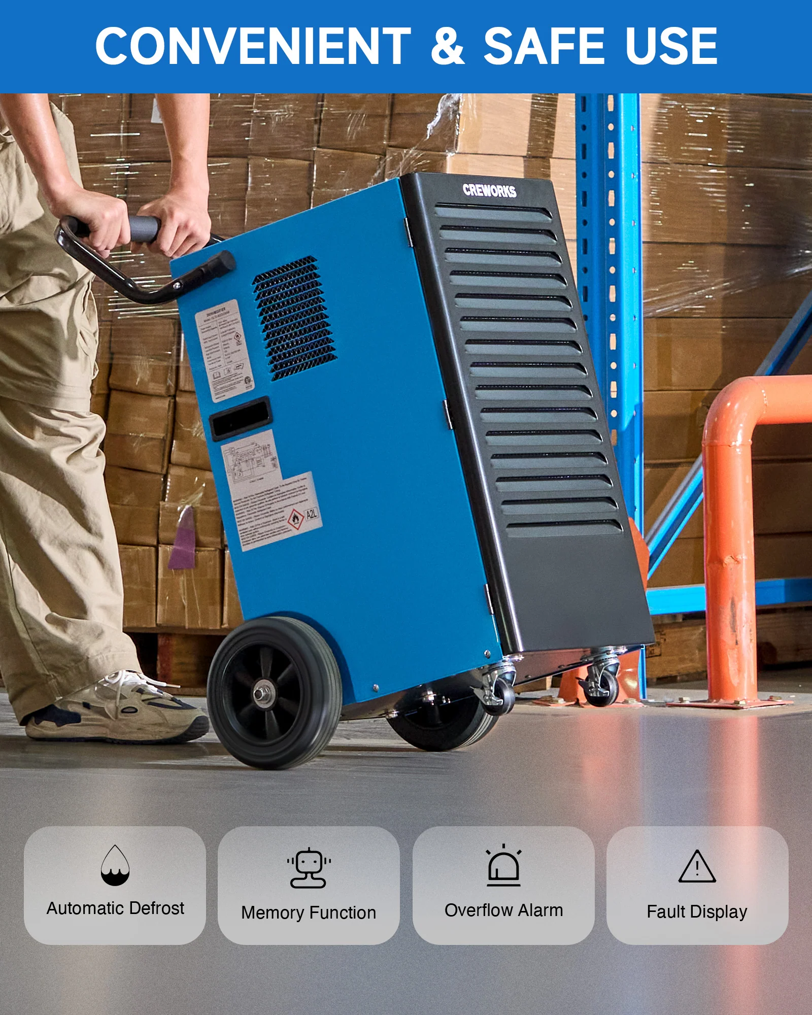 CREWORKS Authorized 180 PPD Commercial Dehumidifier with Water Pump, Auto Defrost & Smart Humidity Control - Image 7