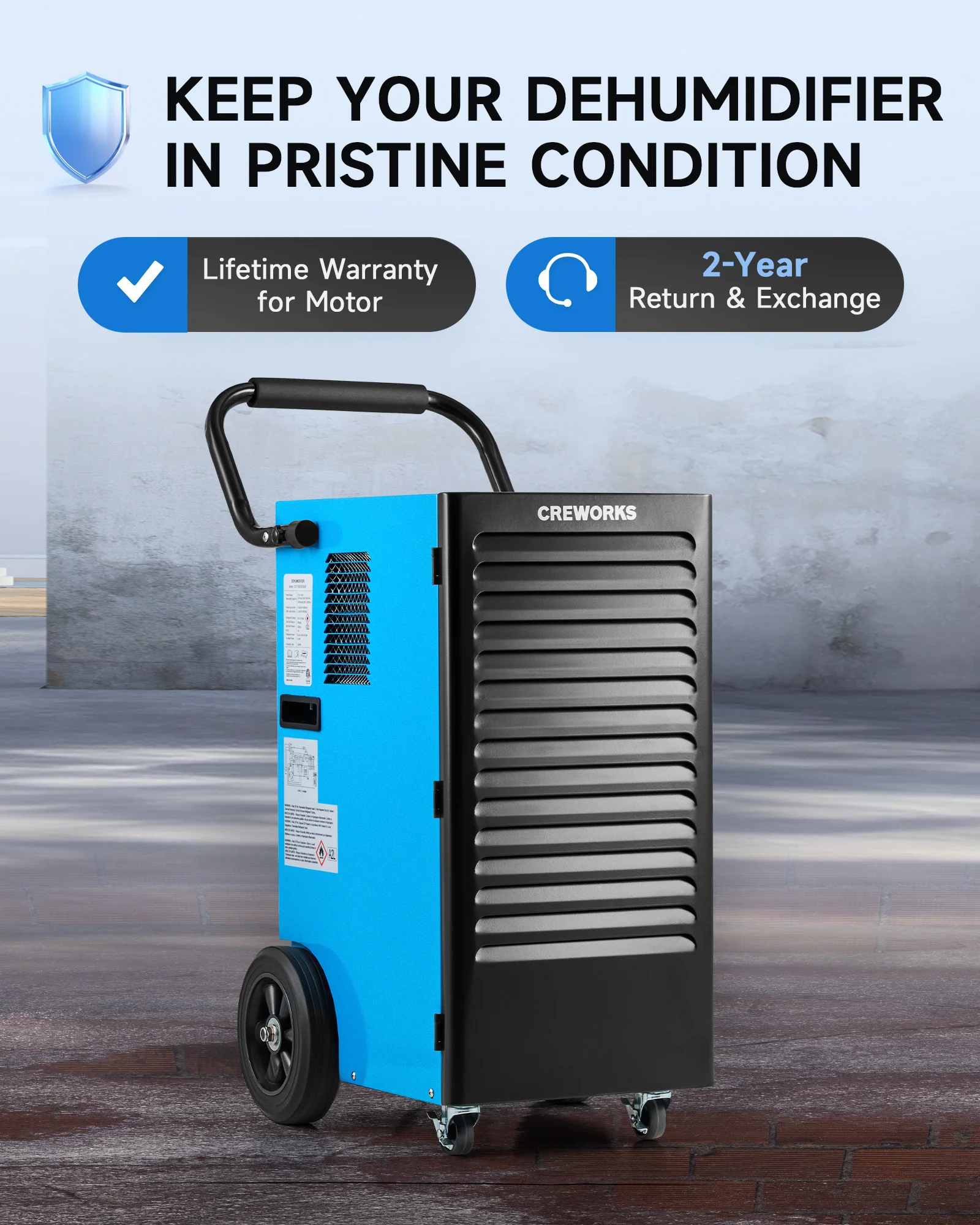 CREWORKS Authorized 180 PPD Commercial Dehumidifier with Water Pump, Auto Defrost & Smart Humidity Control - Image 8