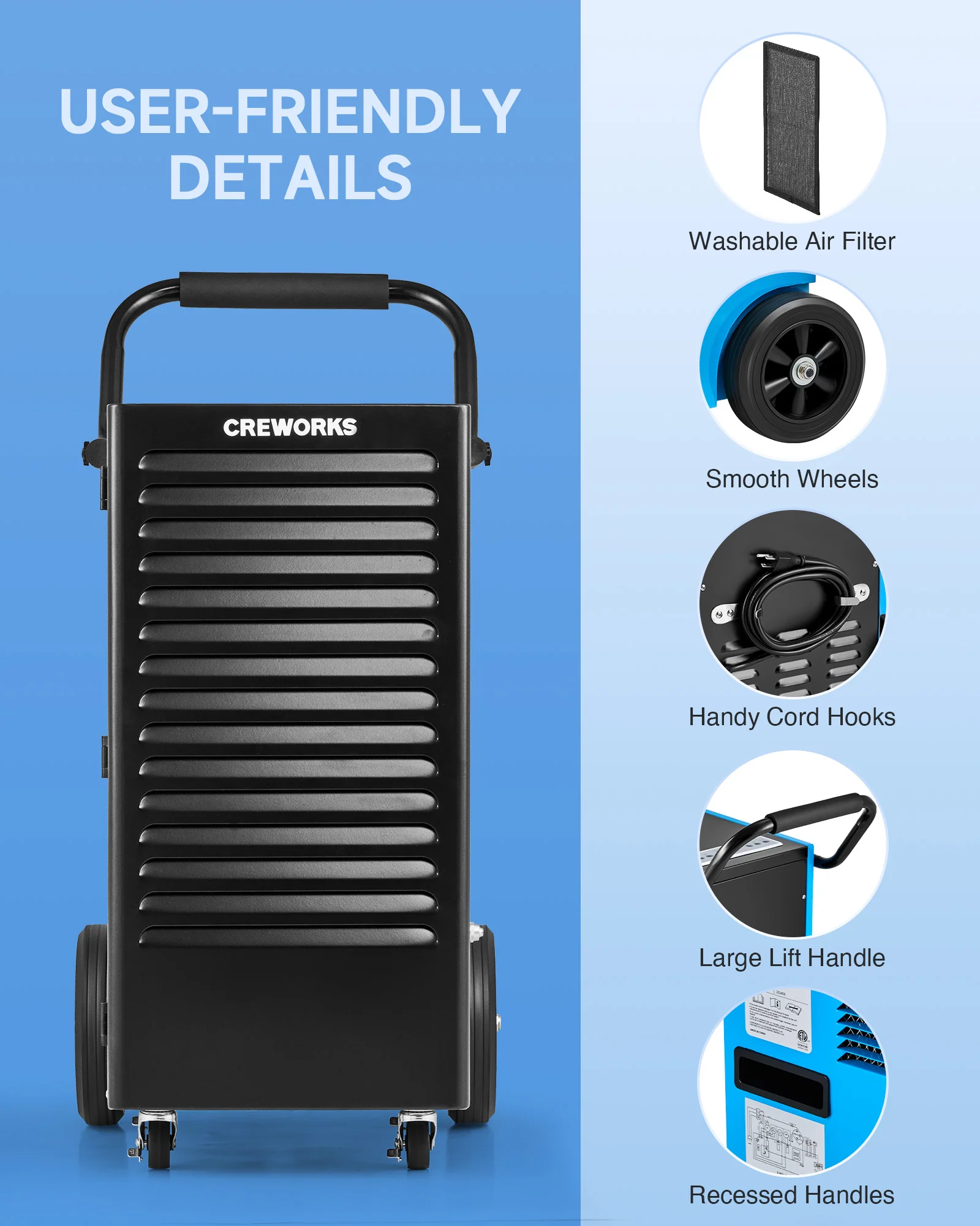 CREWORKS Authorized 180 PPD Commercial Dehumidifier with Water Pump, Auto Defrost & Smart Humidity Control - Image 9