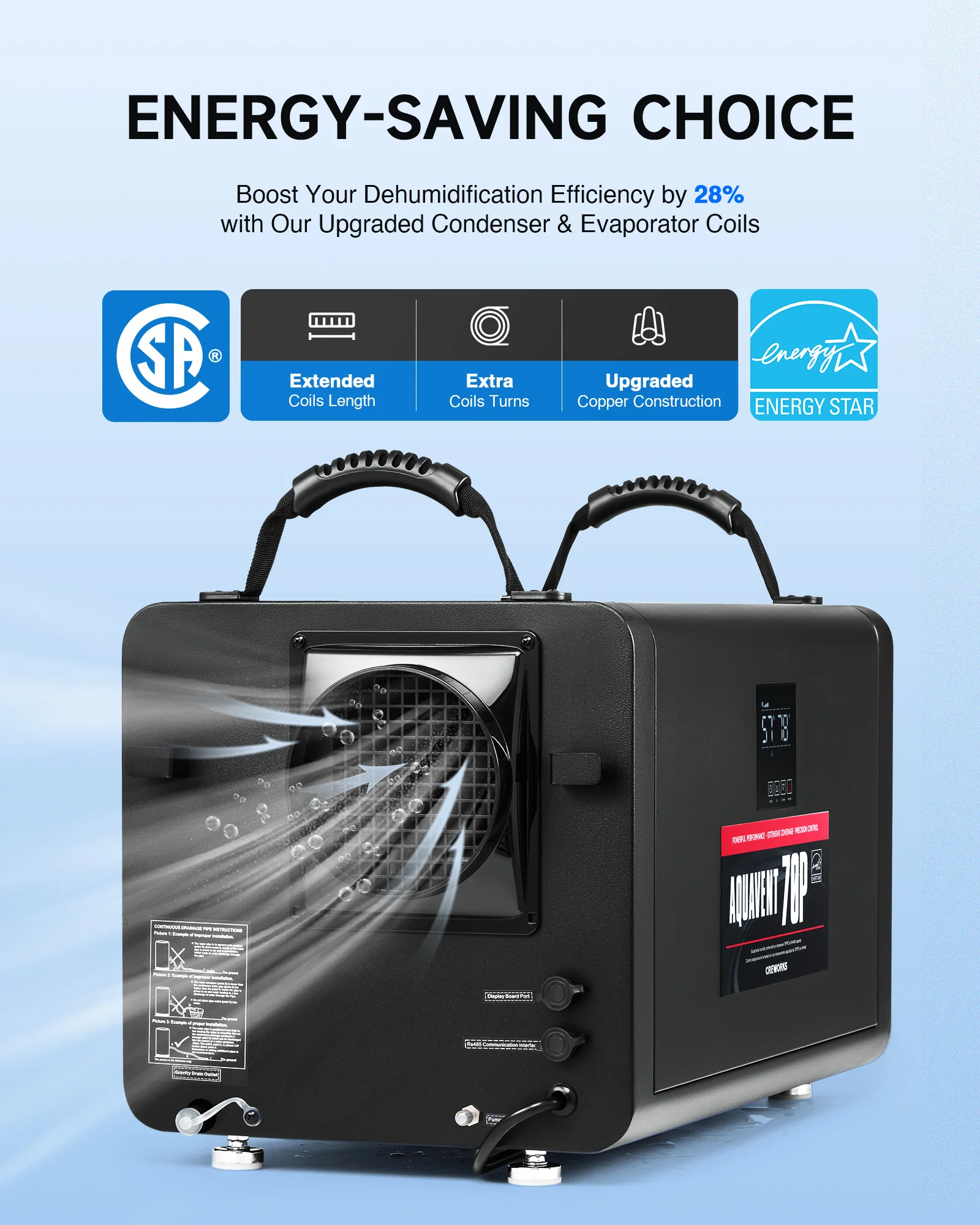 CREWORKS Authorized Commercial Dehumidifier, 145 PPD with Water Pump for Basement, Garage & More - Image 3