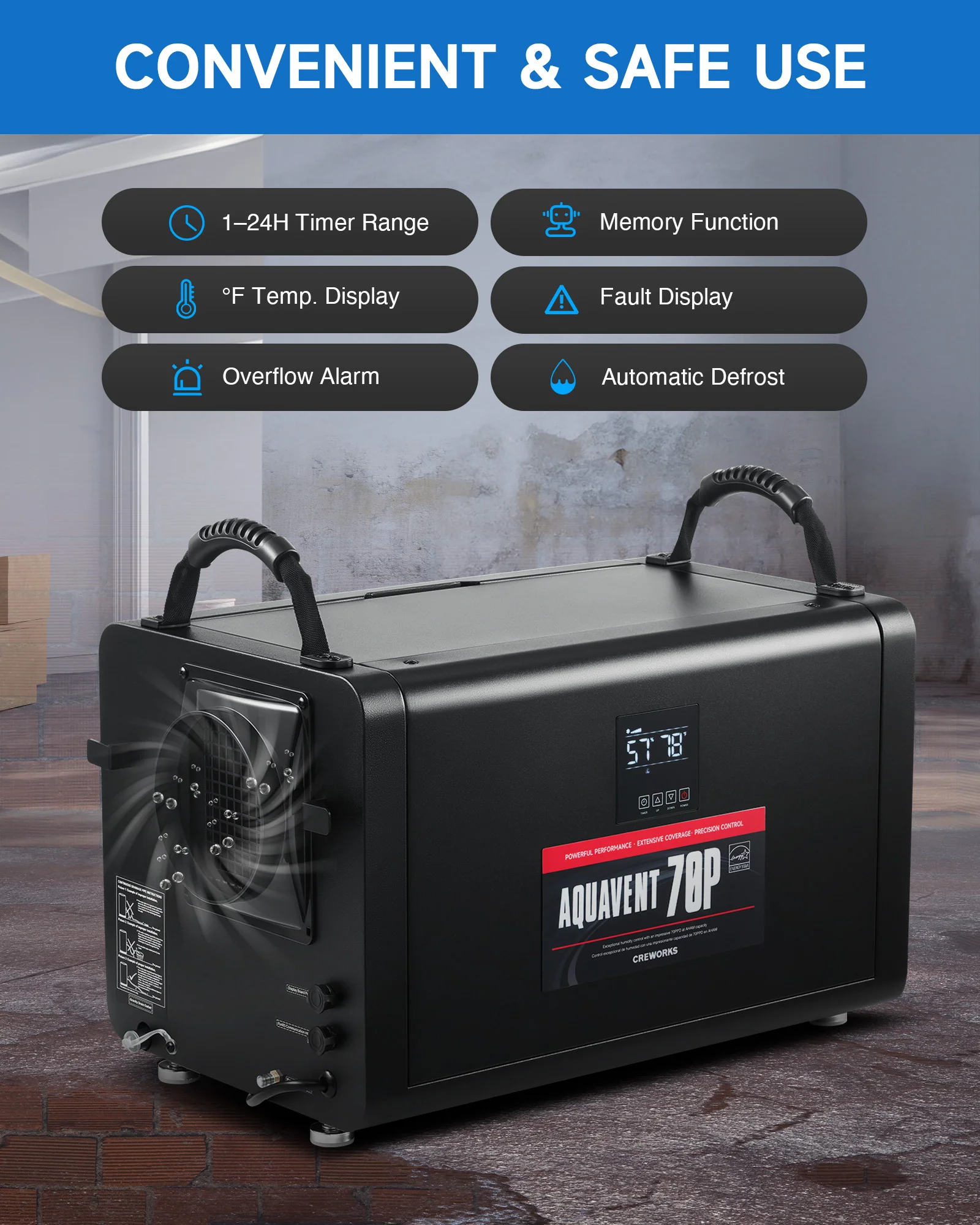 CREWORKS Authorized Commercial Dehumidifier, 145 PPD with Water Pump for Basement, Garage & More - Image 6