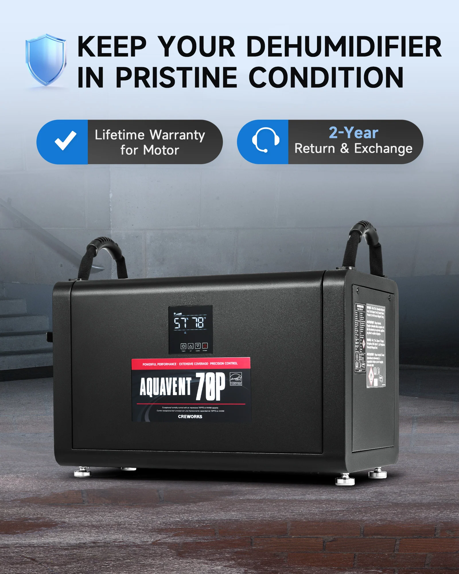 CREWORKS Authorized Commercial Dehumidifier, 145 PPD with Water Pump for Basement, Garage & More - Image 7
