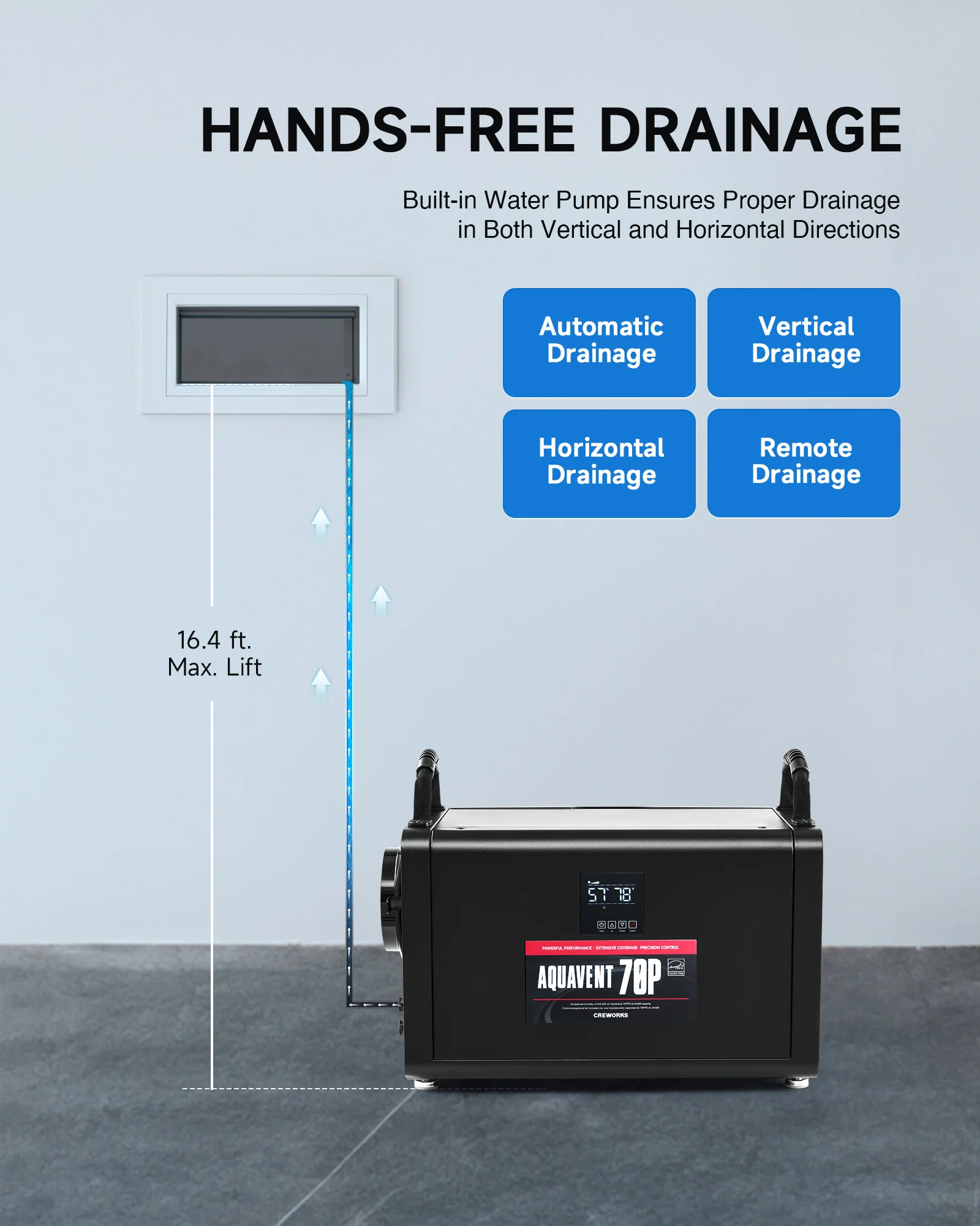 CREWORKS Authorized Commercial Dehumidifier, 145 PPD with Water Pump for Basement, Garage & More - Image 9