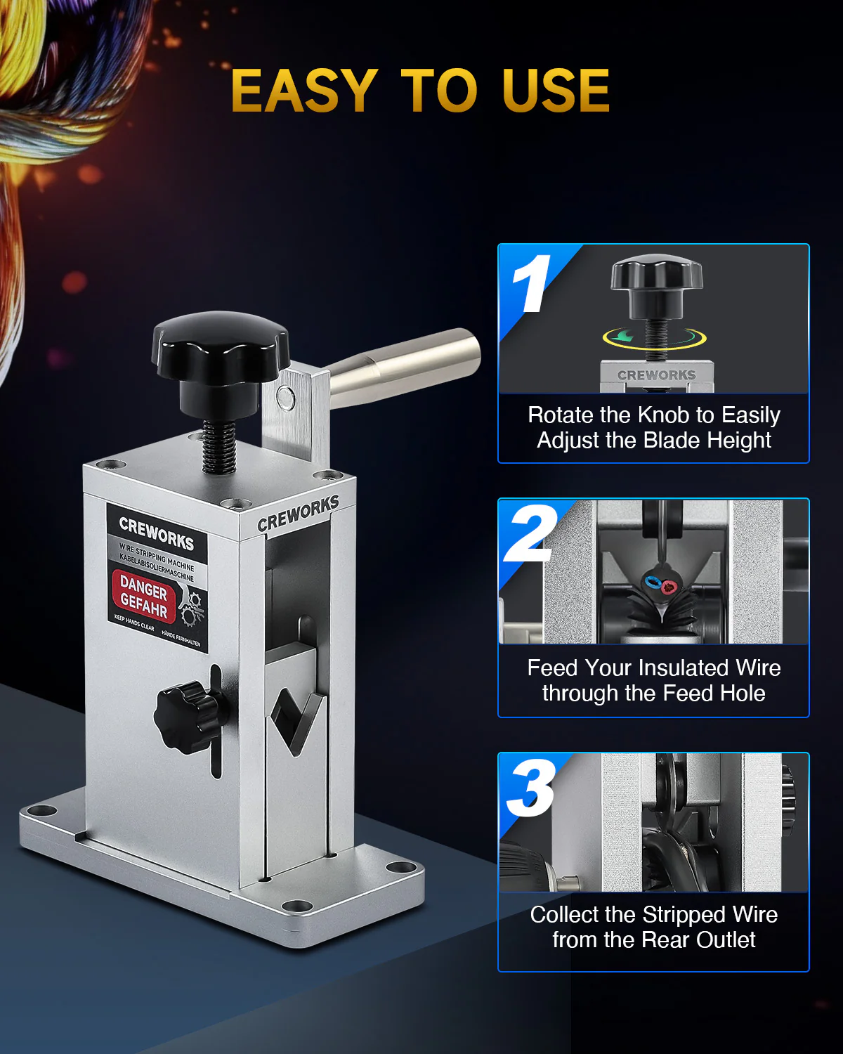 CREWORKS Manual Wire Stripping Machine Portable Cable Stripper Tool w Hand Crank - Image 9