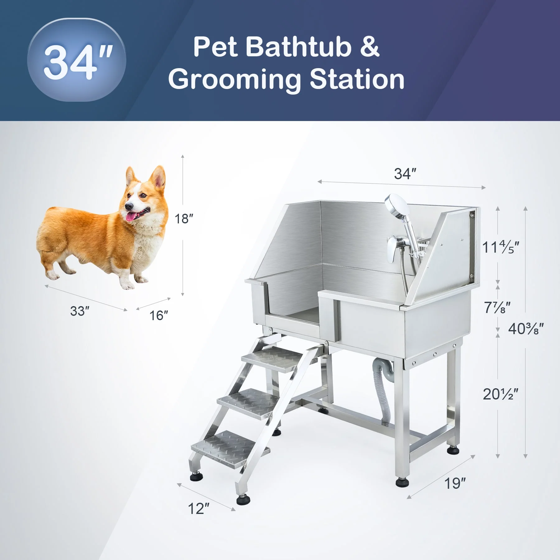 CO-Z 34" Stainless Steel Dog Grooming Tub, Elevated Bathing Station with Steps, Hose, Faucet & Drain, 175lb Capacity for Home or Salon - Image 3