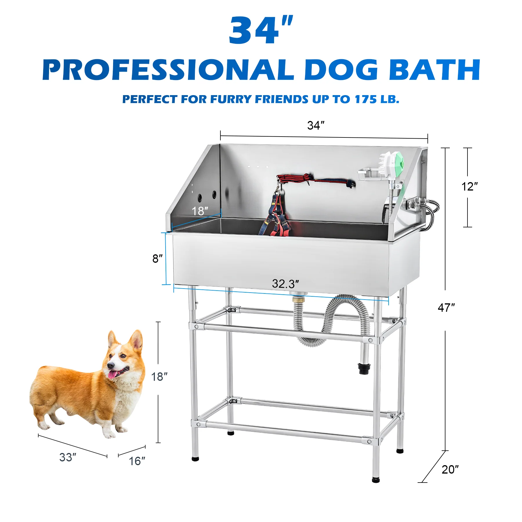 Dog Washing Station with Massage Brush 34" Stainless Steel Pet Shower & Bath Tub - Image 3