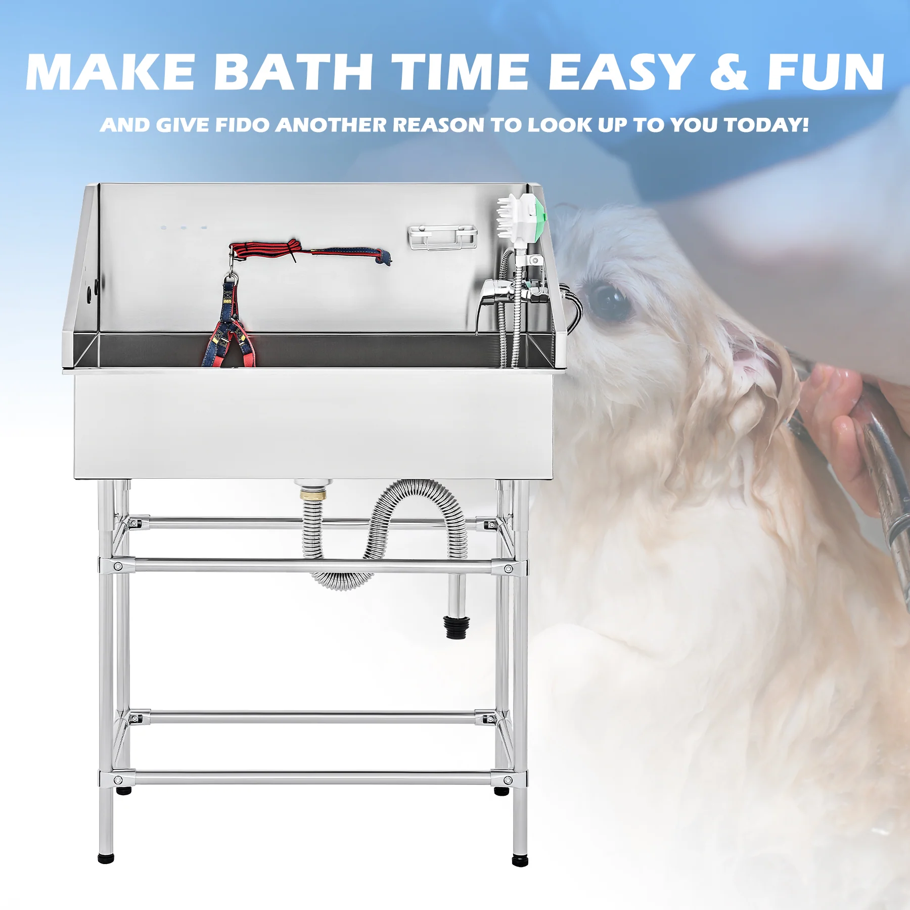 Dog Washing Station with Massage Brush 34" Stainless Steel Pet Shower & Bath Tub - Image 8