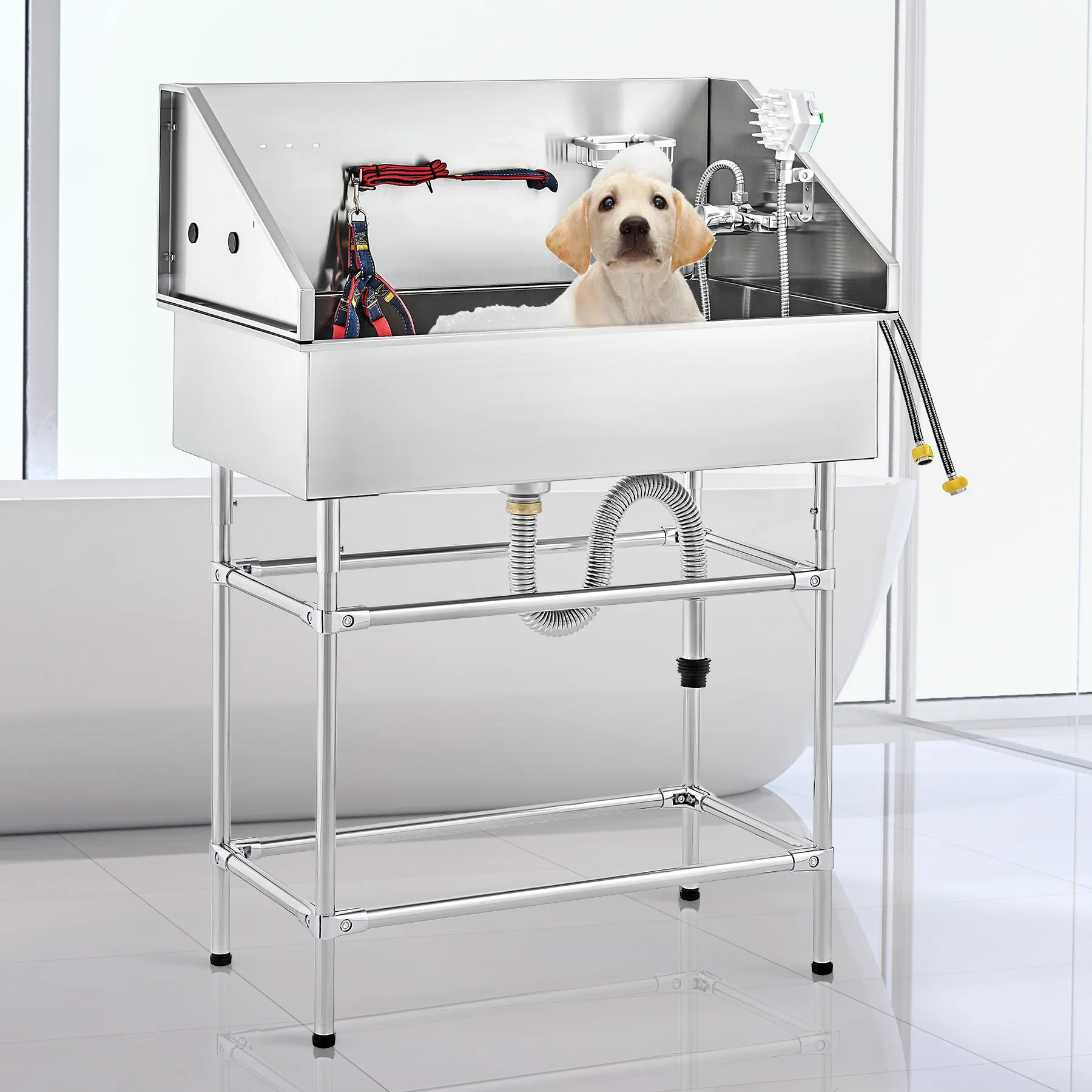 Dog Washing Station with Massage Brush 34" Stainless Steel Pet Shower & Bath Tub - Image 9