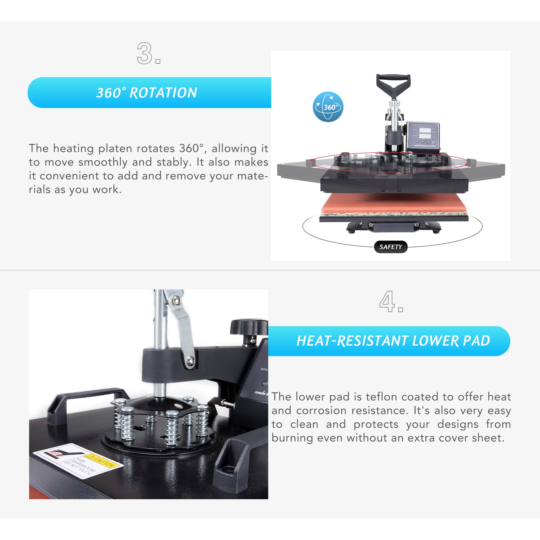 CO-Z Heat Press Machine 12x15 Inch, 8-in-1 T-Shirt Hat Cap Mug Plate Digital Transfer Sublimation Machine, 360 Swing Away 1250W Industrial Press Machine - Image 7
