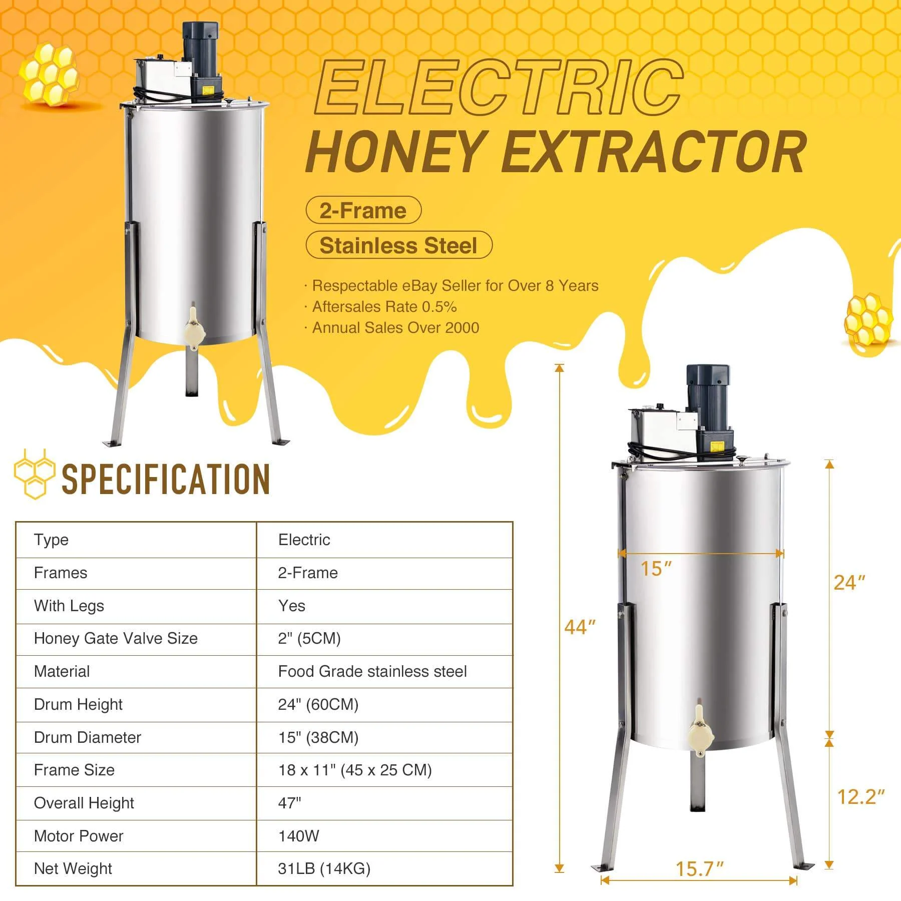 CO-Z Electric Honey Extractor 4 Frame, Honey Extractor Separator Bee Frame Spinner, Honeycomb Bee Frame Spinner, SS Motorized Honey Extractor Beekeeping Equipment Spinner Drum with Stand (4 Frame) - Image 3