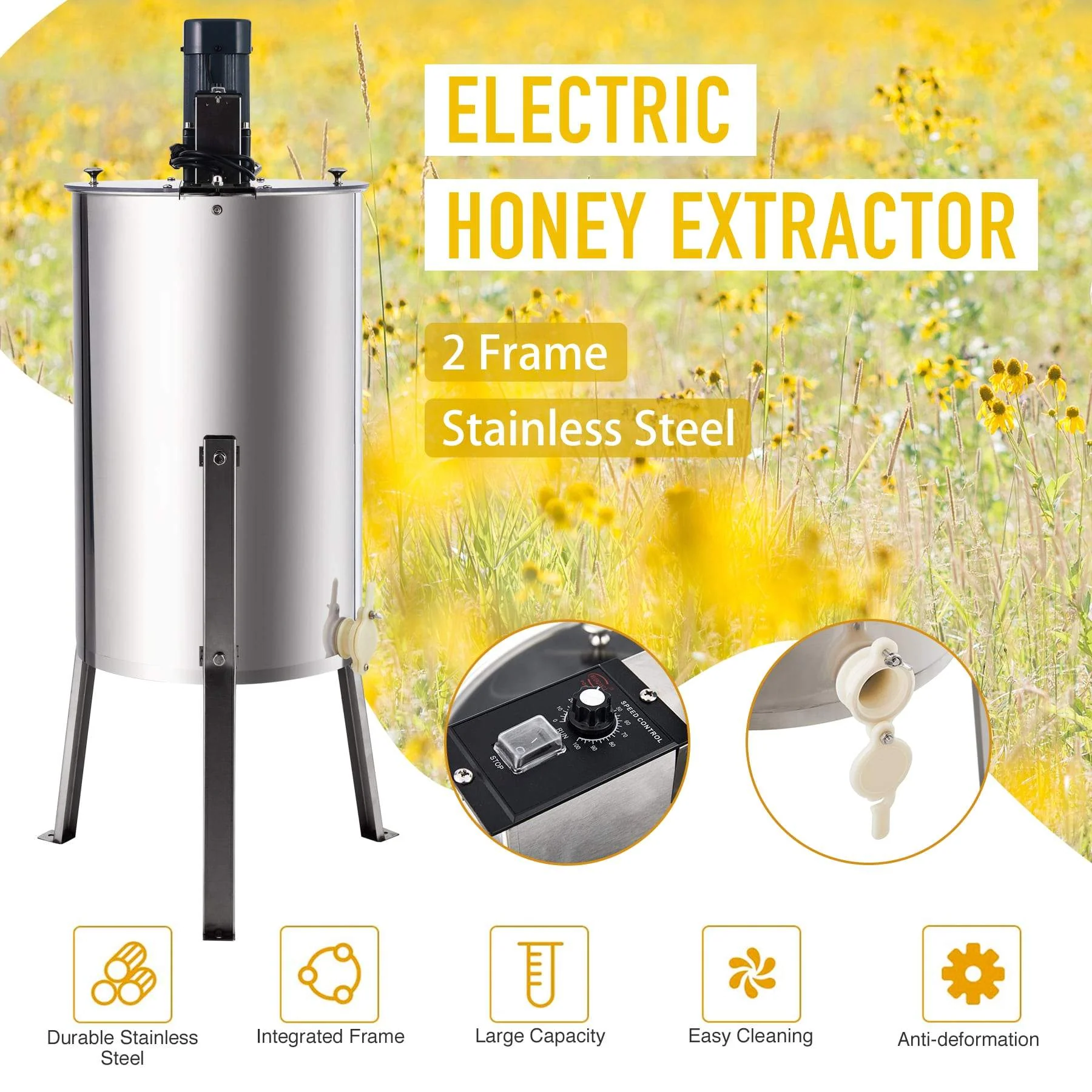 CO-Z Electric Honey Extractor 4 Frame, Honey Extractor Separator Bee Frame Spinner, Honeycomb Bee Frame Spinner, SS Motorized Honey Extractor Beekeeping Equipment Spinner Drum with Stand (4 Frame) - Image 4