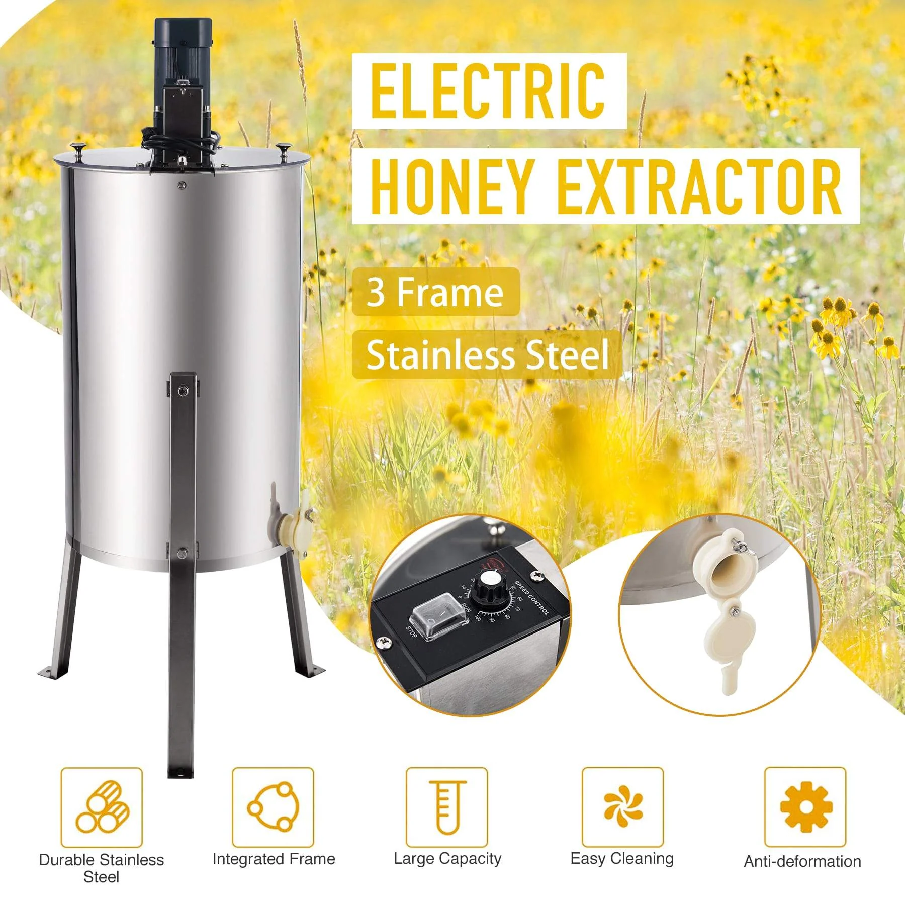 CO-Z Electric Honey Extractor, 3 Frame Honey Extractor Separator Bee Frame Spinner, Honeycomb Bee Frame Spinner, SS Motorized Honey Extractor Beekeeping Equipment Spinner Drum with Stand (3 Frame) - Image 5