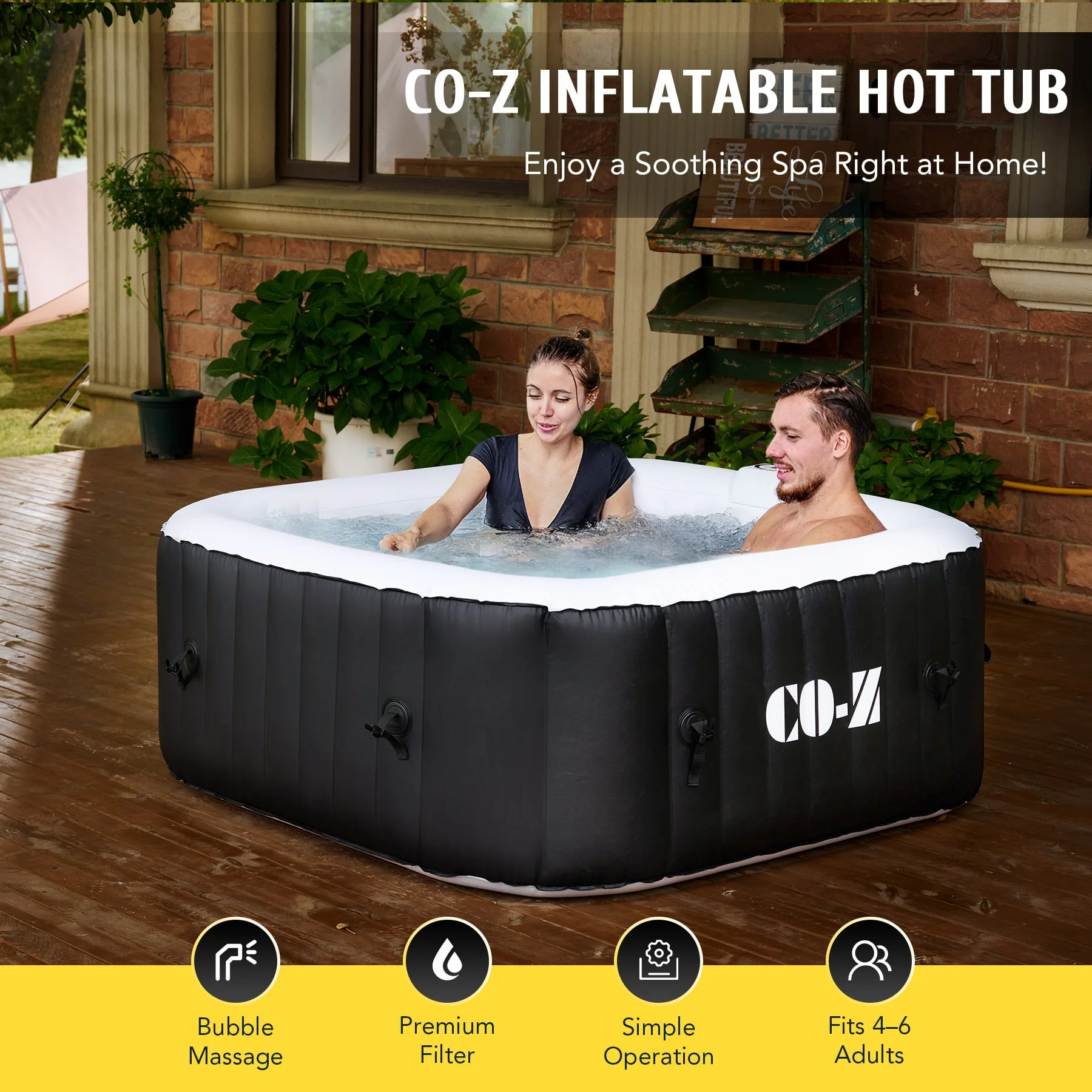 CO-Z 4-Person Inflatable Hot Tub with 120 Bubble Jets, 5'x5' Portable Outdoor Spa with Cover and Air Pump, Black - Image 6